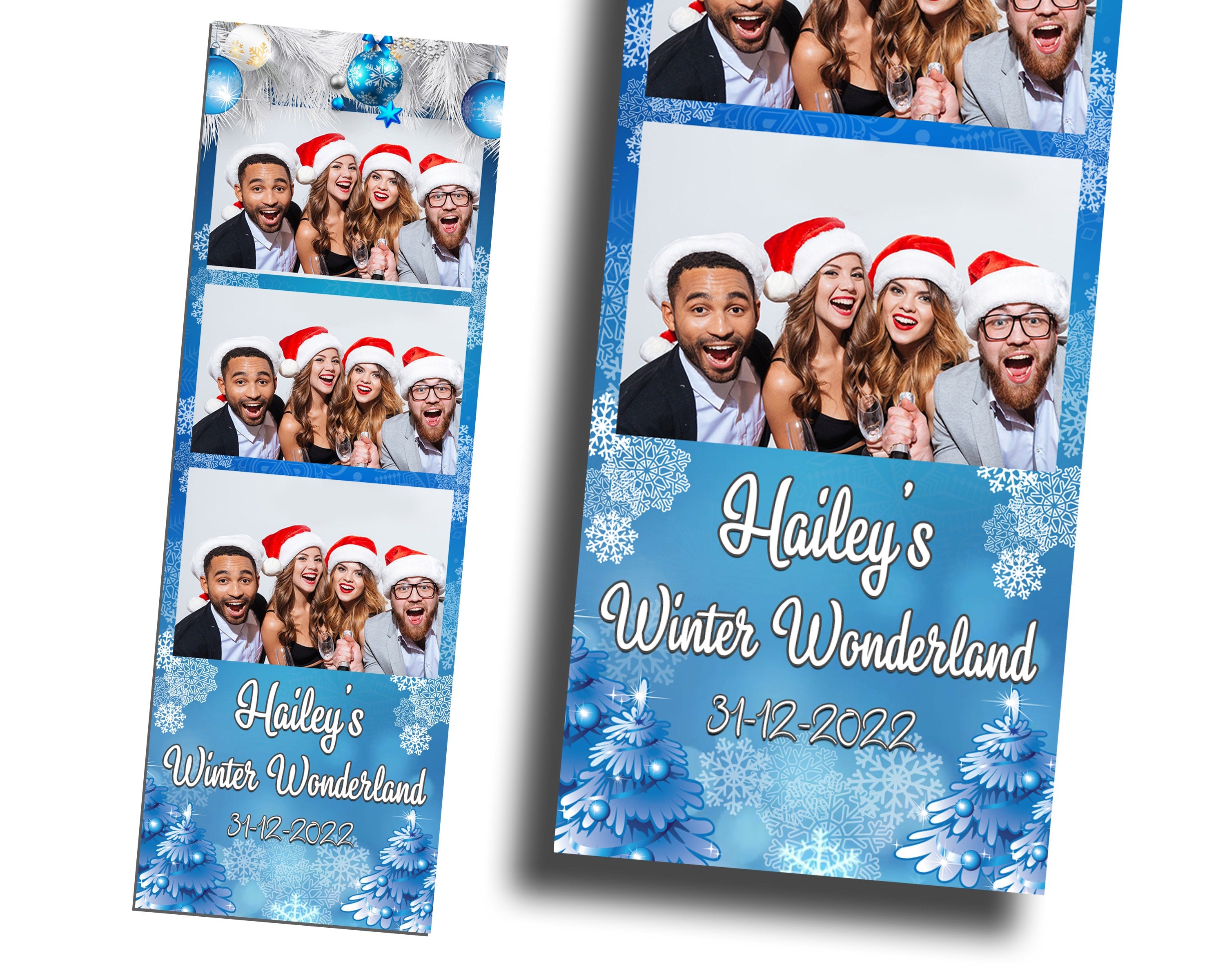 Winter Wonderland & Merry Christmas Holiday Party Photobooth Template, New Year 2023 2x6 strip white pine tree snow flakes blue white design
