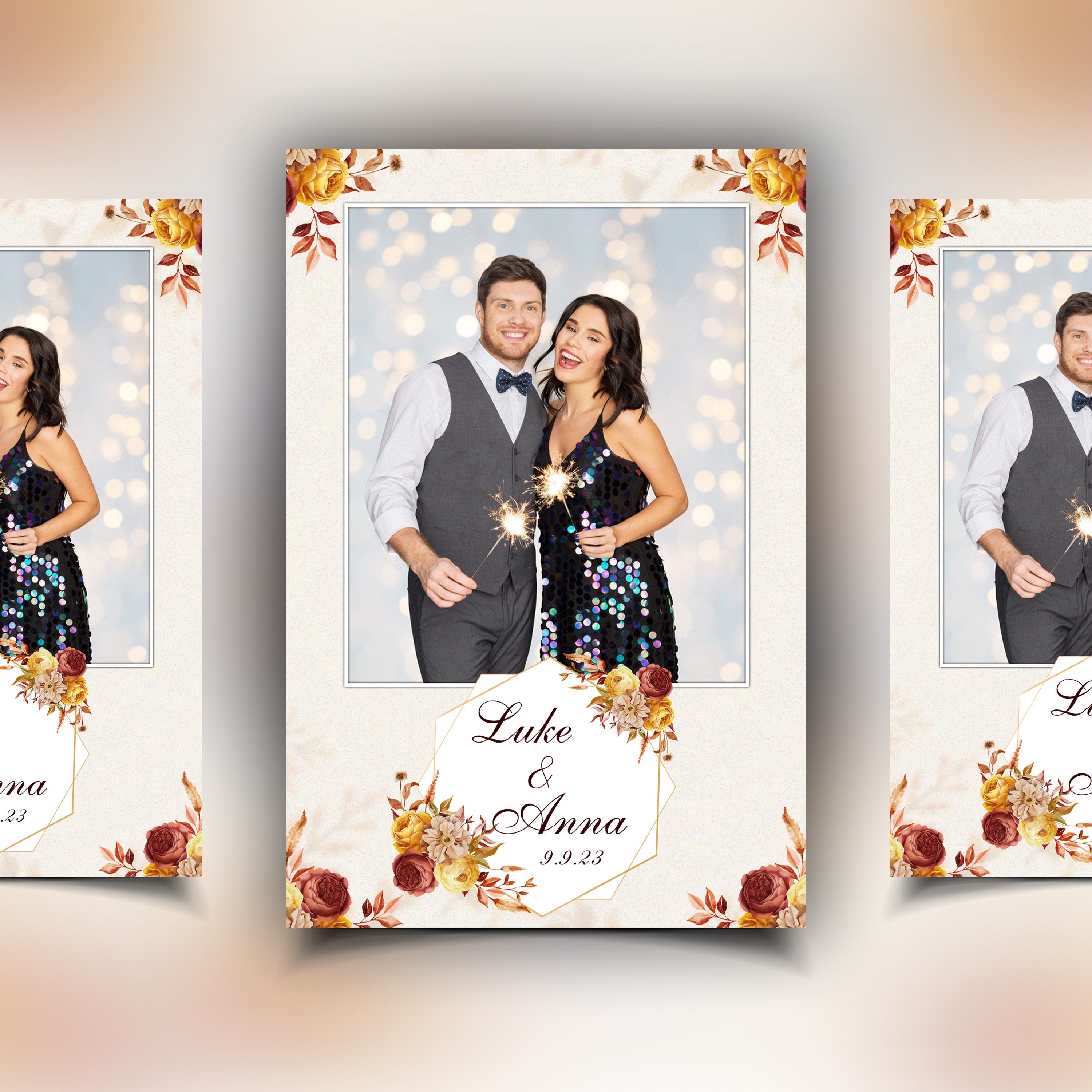 Wedding Photobooth Template Fall theme 4x6 Portrait anniversary Fall Festival Thanksgiving with Burnt Orange & burgundy flowers fall leaves