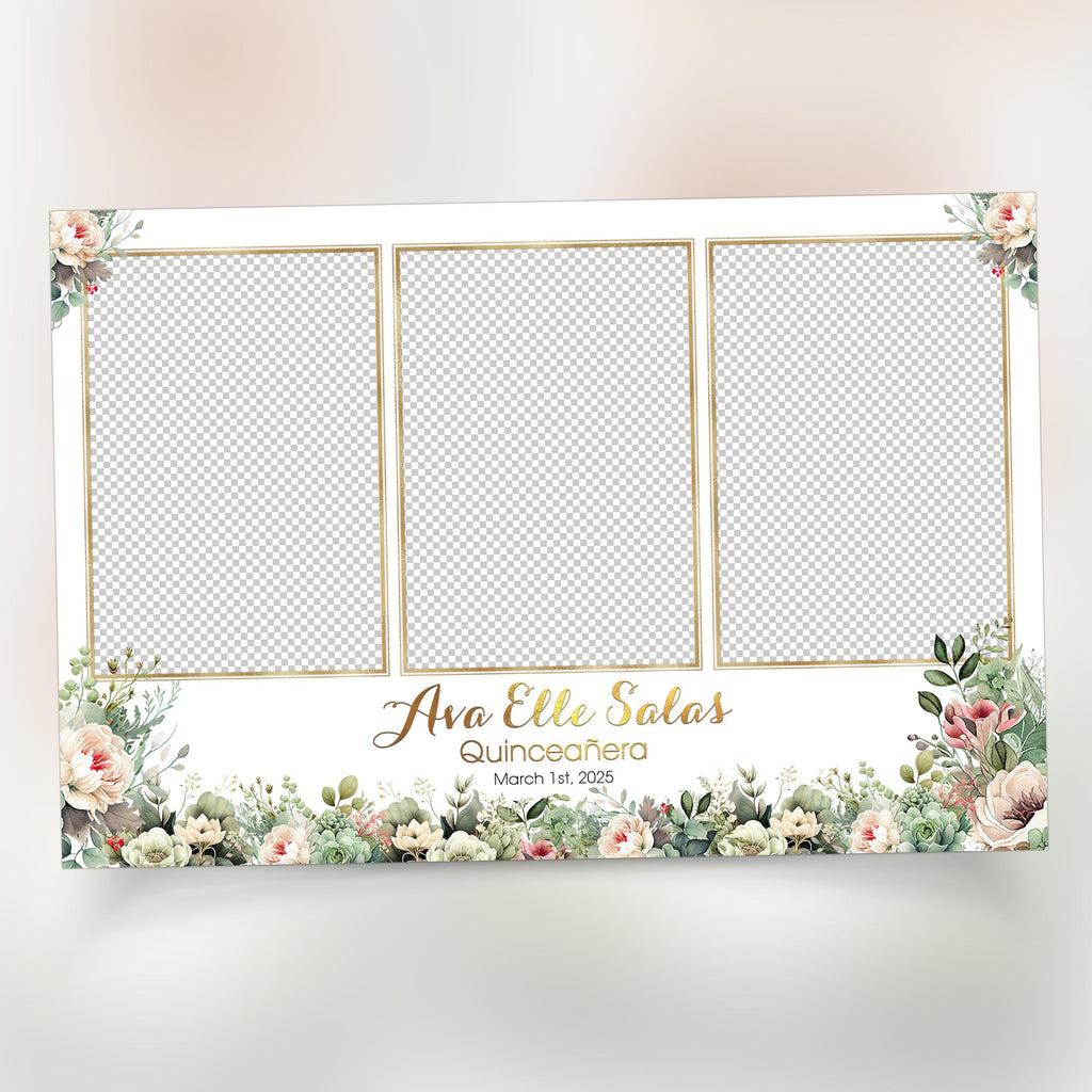 Quinceañera Photobooth Template, Sweet 16, Birthday, Mis Quince, XV, Green ivory Flowers Photo Booth Template Mirror Salsa Darkroom