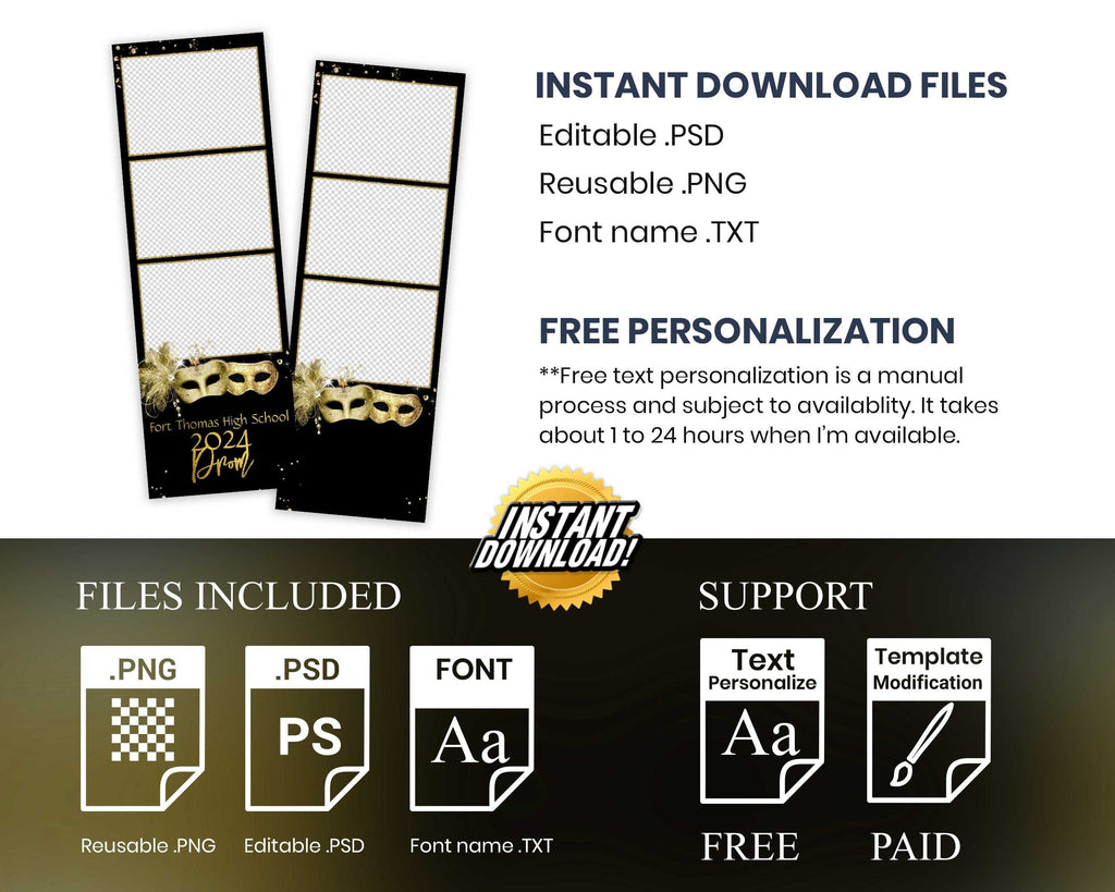 Prom Photobooth Template Gold Masquerade 2x6 stripe Class of 2024 Graduation Photo booth Template Text Editable 1068