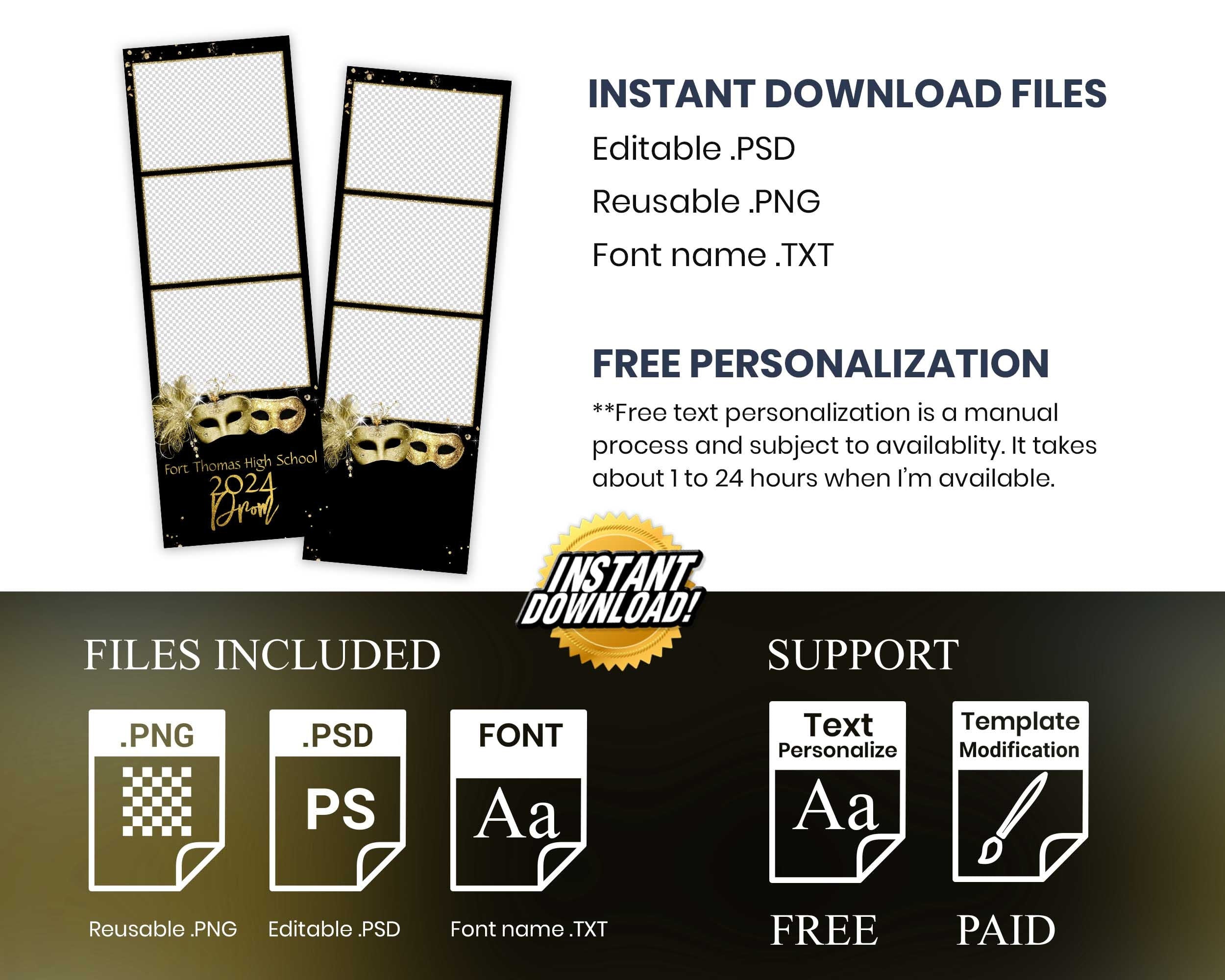 Prom Photobooth Template Gold Masquerade 2x6 stripe Class of 2024 Graduation Photo booth Template Text Editable 1068