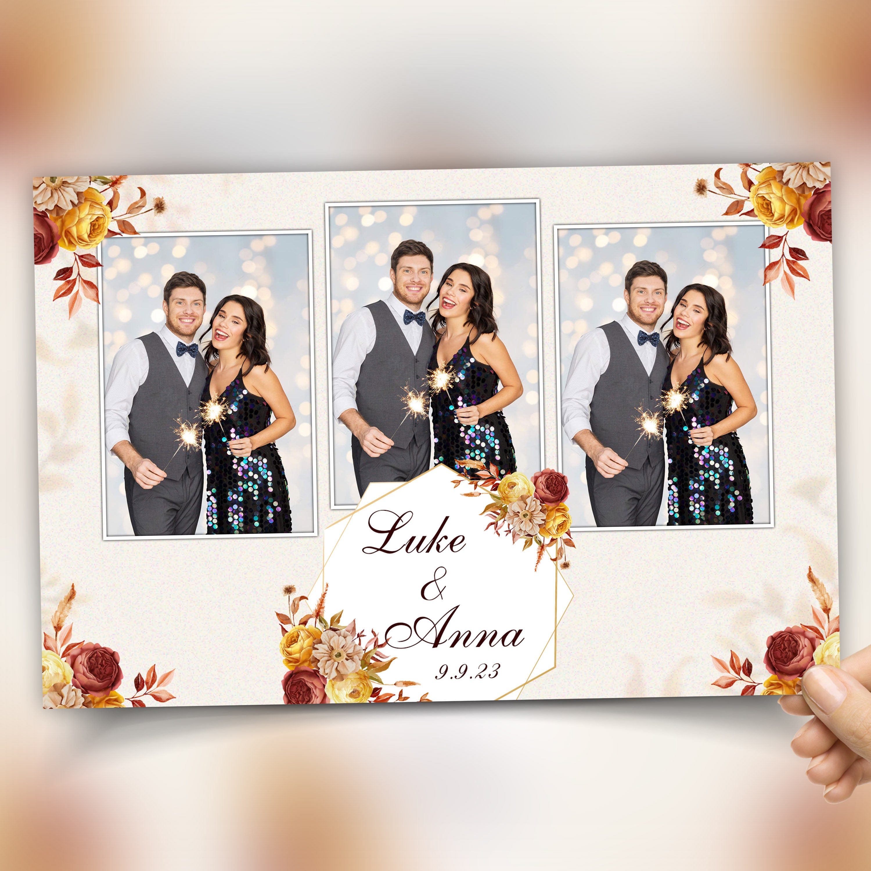 Wedding Photobooth Template Fall theme 4x6 Mirror 3 shot anniversary Fall Festival Thanksgiving Burnt Orange & burgundy flowers fall leaves