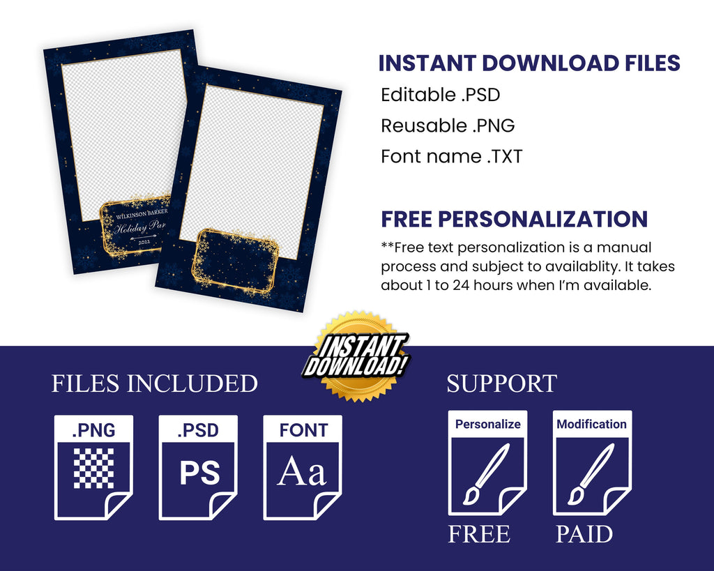 Christmas Xmas Photobooth Template 4x6 Portrait Navy Blue & Gold Photo booth stripe for Holiday Party 2023 4x6 single shot new year's eve