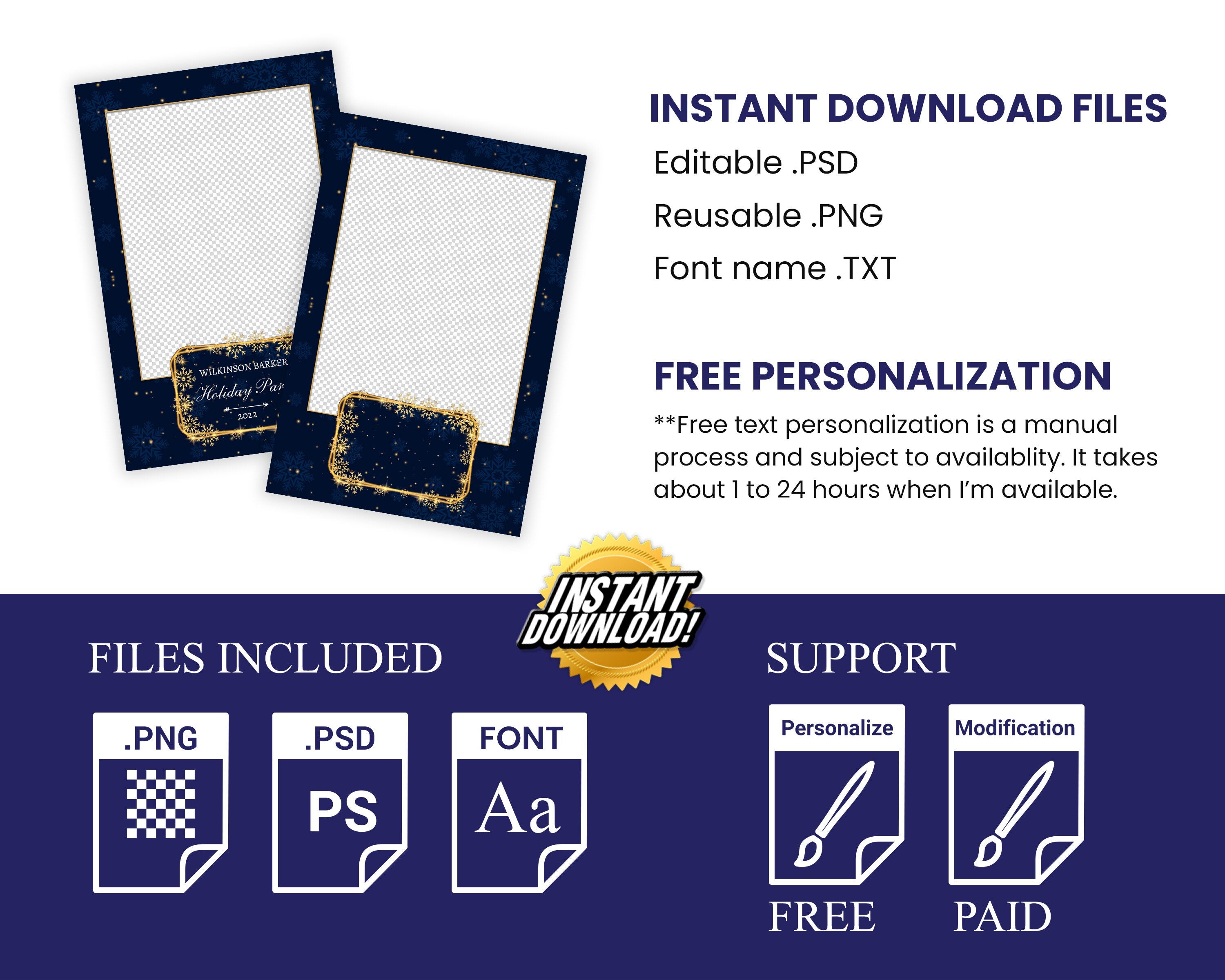 Christmas Xmas Photobooth Template 4x6 Portrait Navy Blue & Gold Photo booth stripe for Holiday Party 2023 4x6 single shot new year's eve