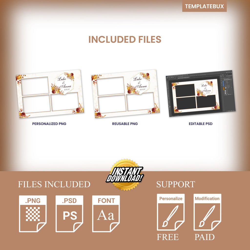 Wedding Photobooth Template Fall theme anniversary Fall Festival Thanksgiving with Burnt Orange & burgundy flowers fall leaves 4x6 3 photo