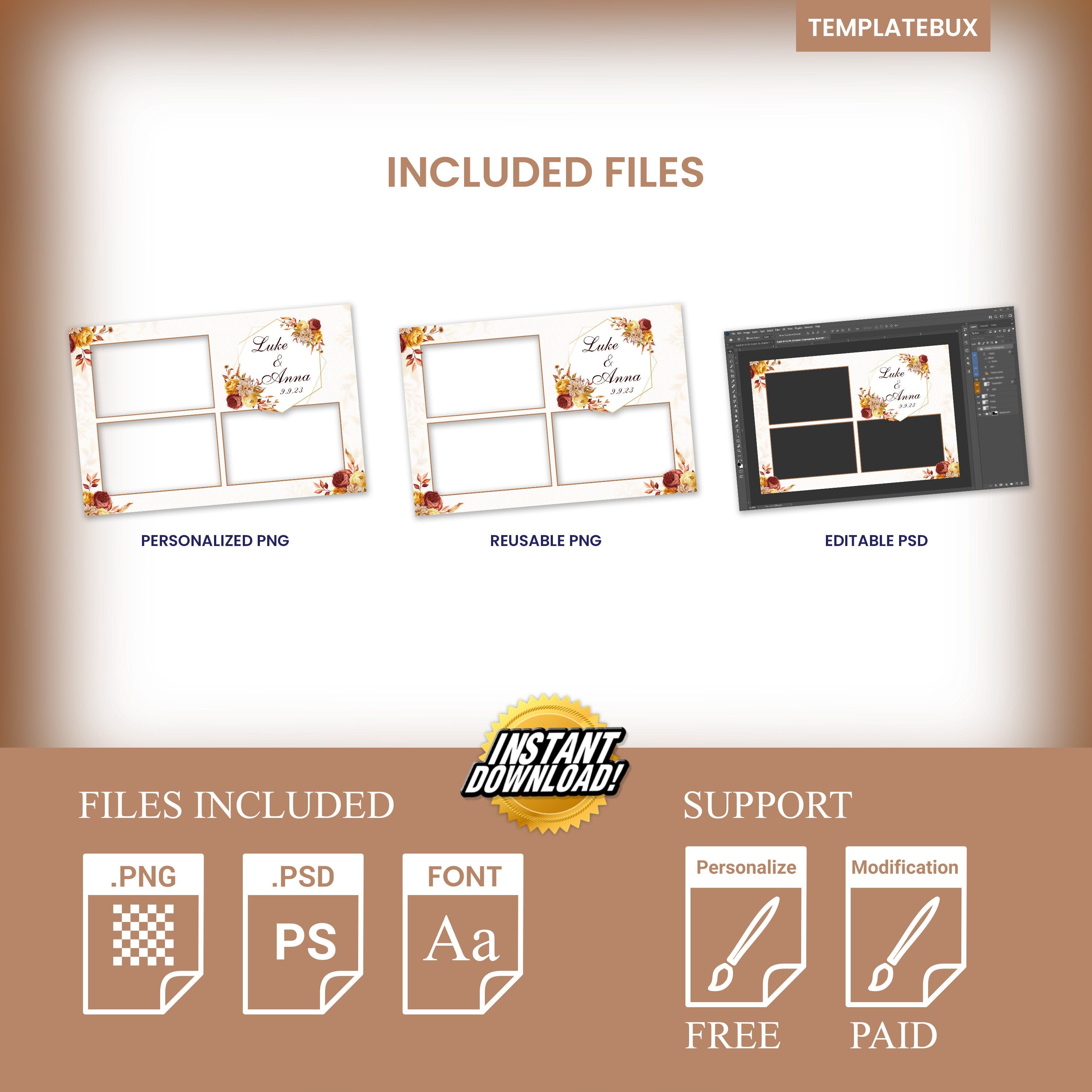 Wedding Photobooth Template Fall theme anniversary Fall Festival Thanksgiving with Burnt Orange & burgundy flowers fall leaves 4x6 3 photo