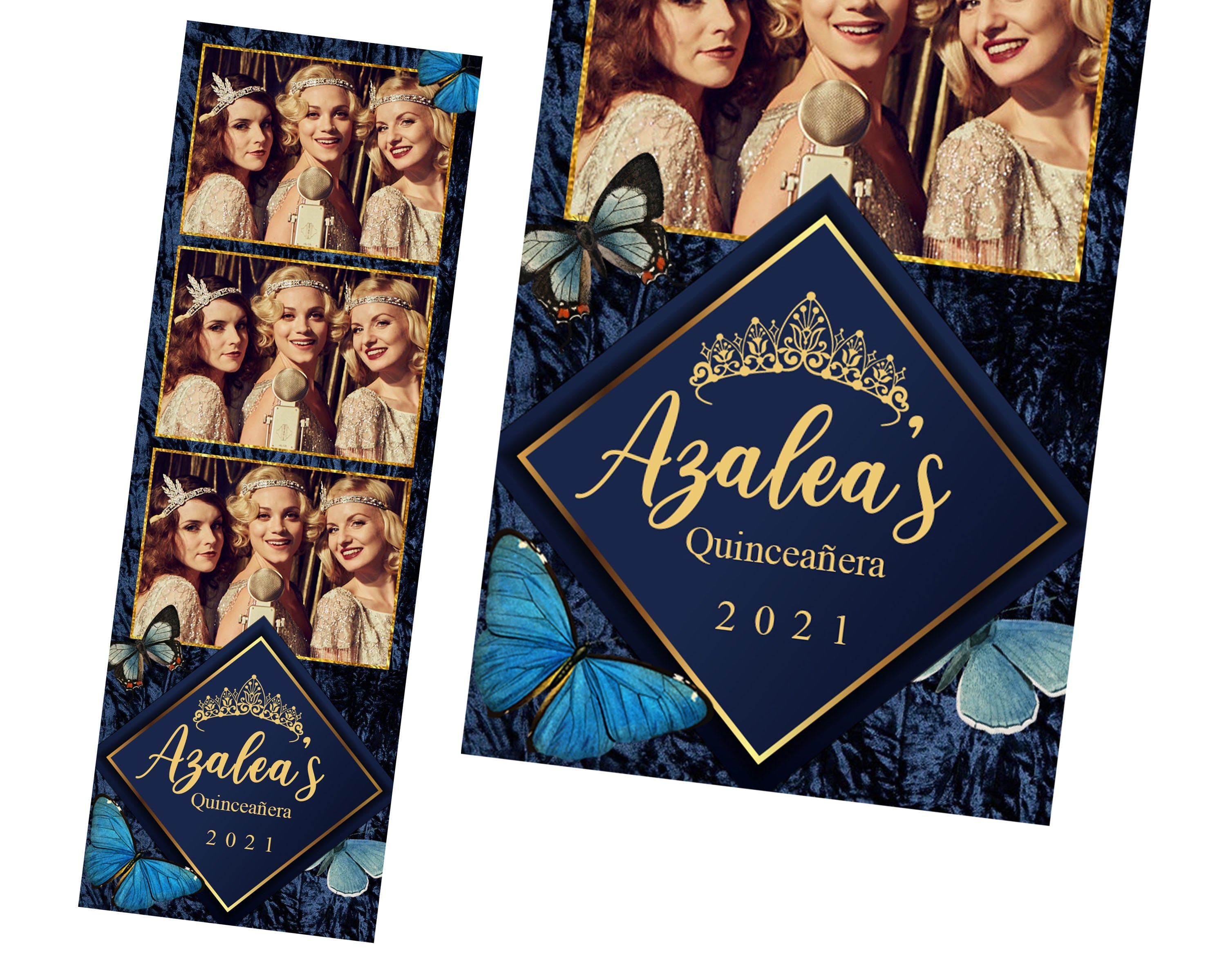 Birthday Blue Butterfly Quinceañera Photobooth template 2x6 strip sweet sixteen 16 birthday navy blue photo booth template