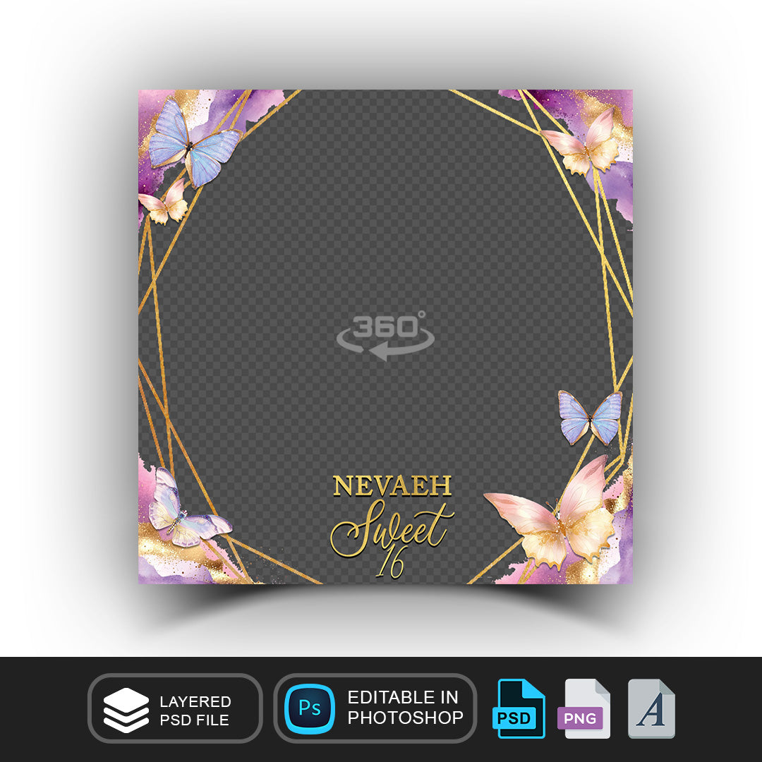360 overlay, photobooth template for Sweet 16, butterfly themed, Pink, Purple, Silver