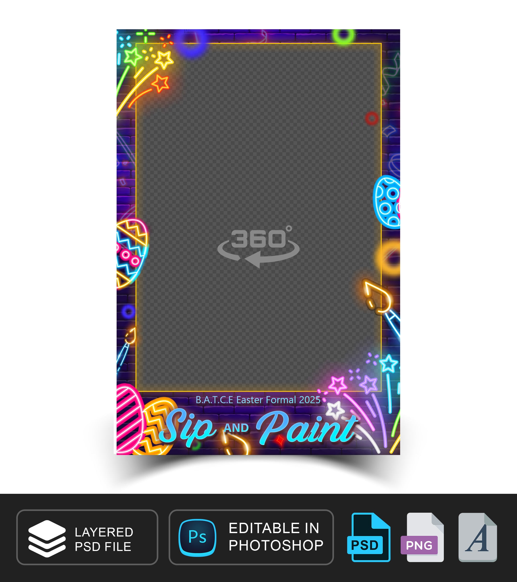 360 overlay, photobooth template for Birthday Neon theme party