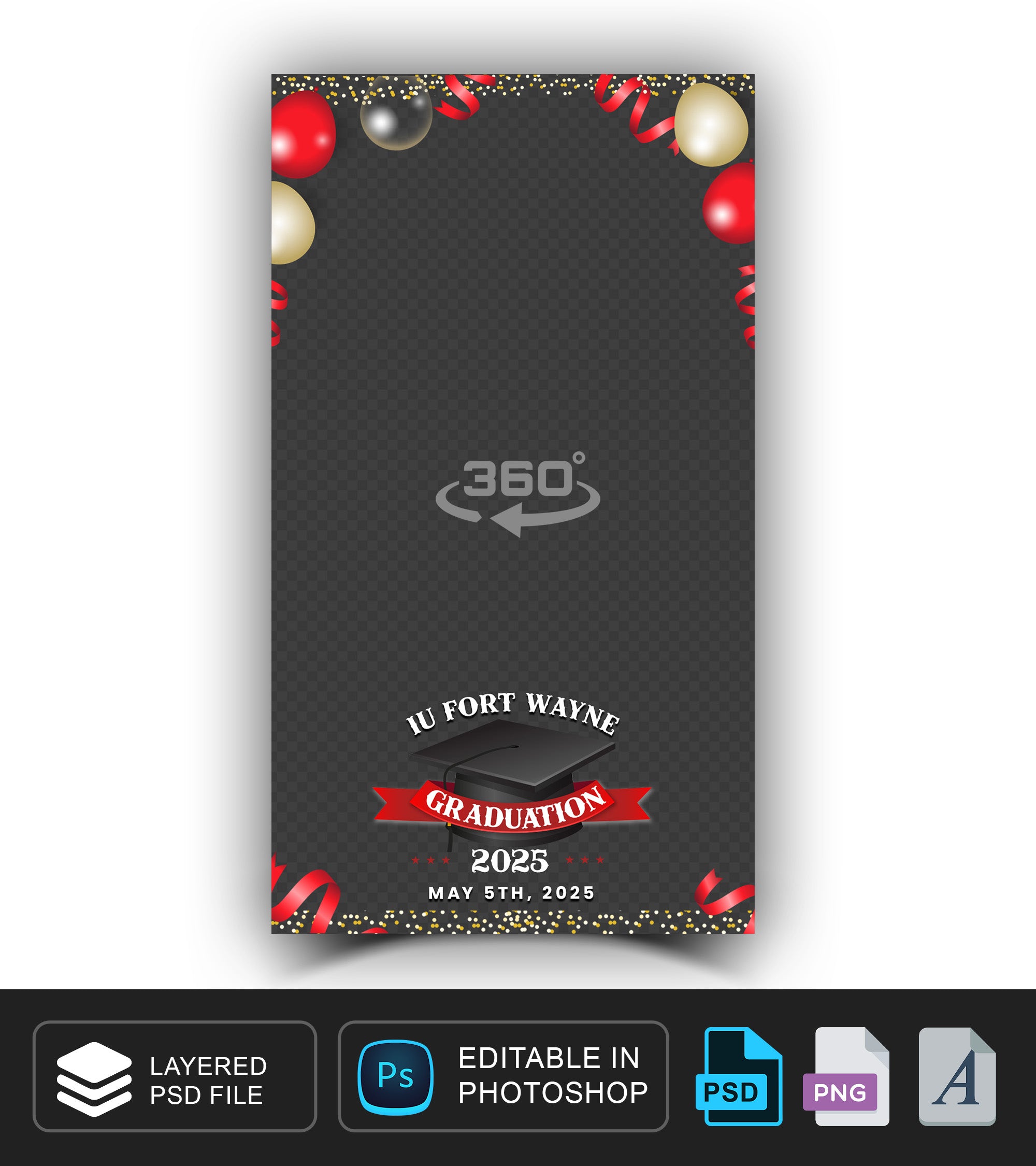 360 overlay, photobooth template for Graduation in Red, Black, White