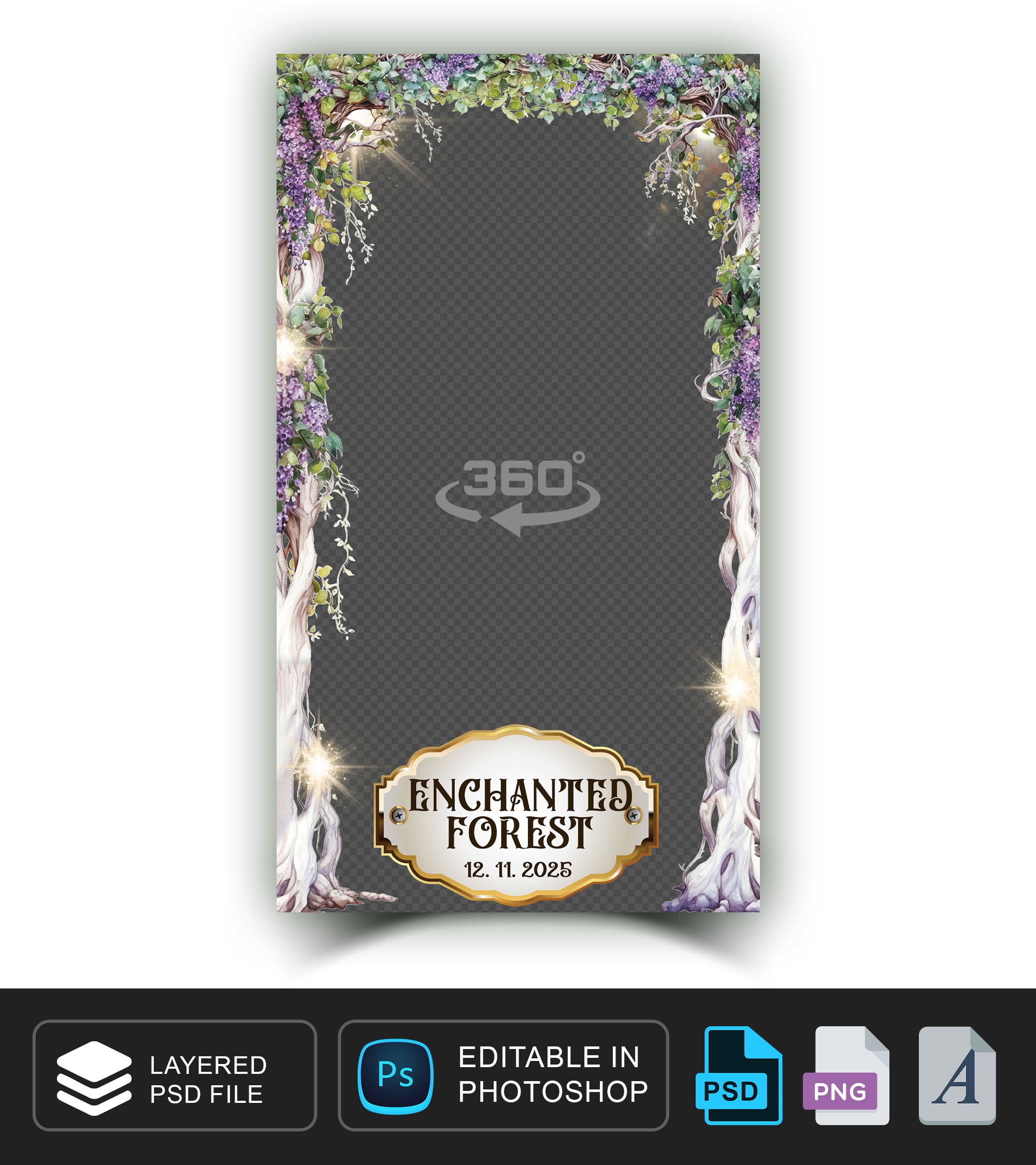 360 overlay, photobooth template for Ball Party, Enchanted Forest theme, Purple, Green