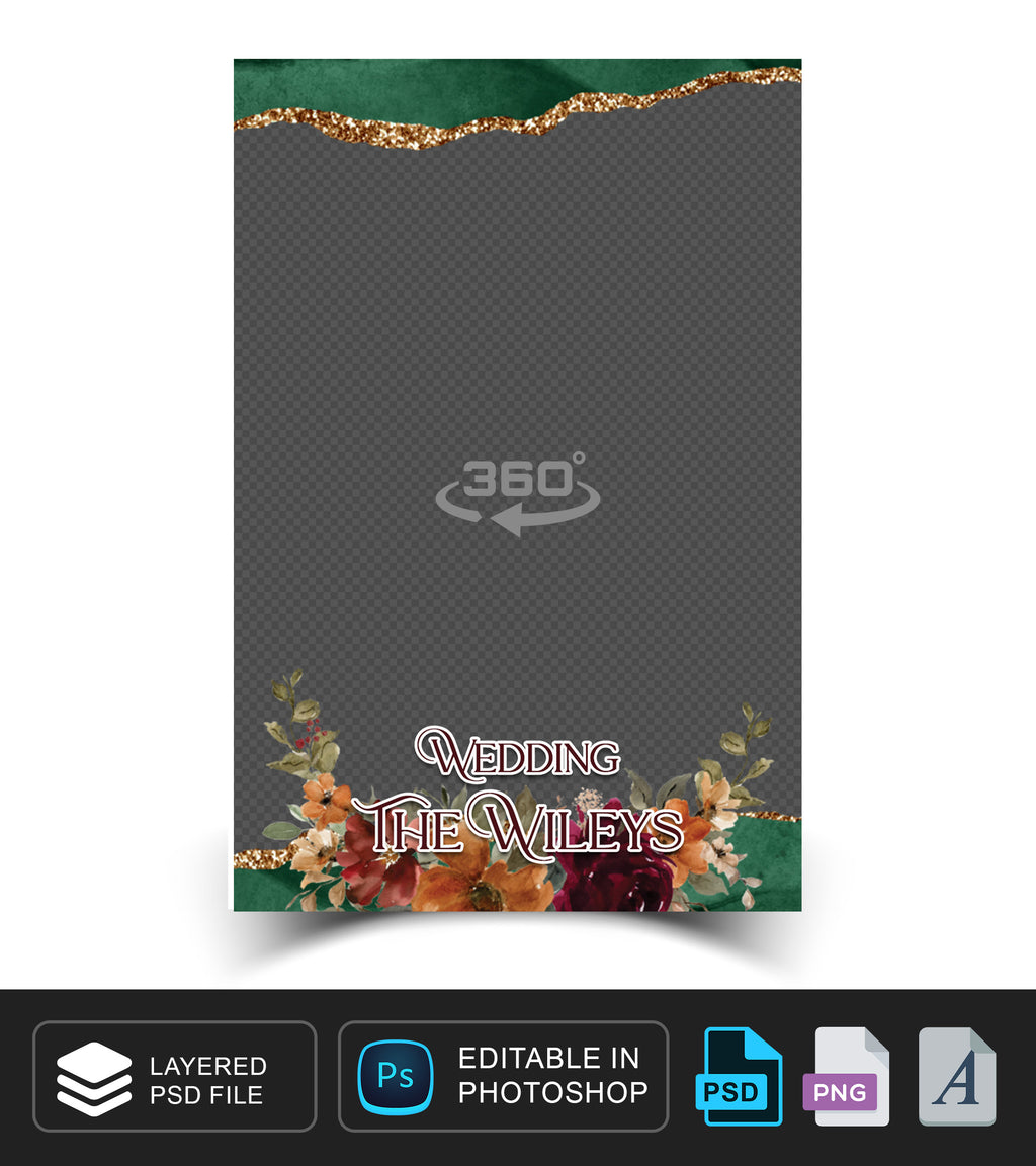 360 overlay, photobooth template for Wedding, burgundy, Orange floral theme with green