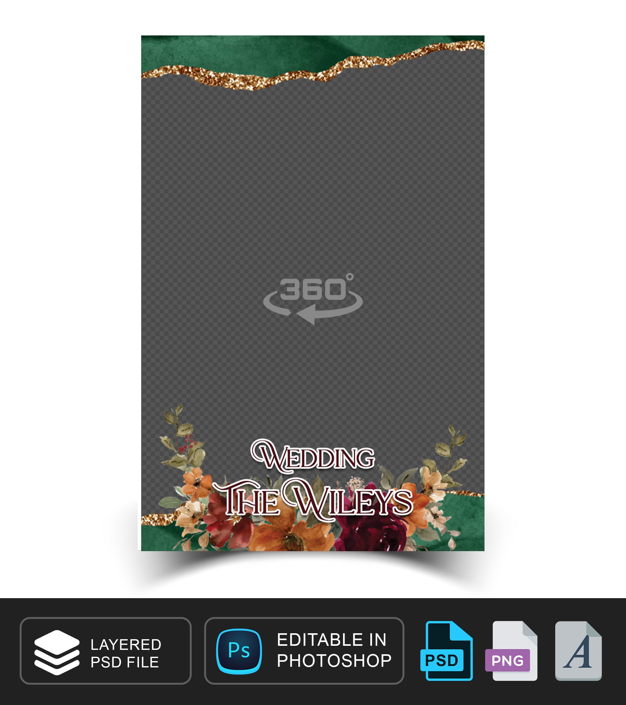 360 overlay, photobooth template for Wedding, burgundy, Orange floral theme with green