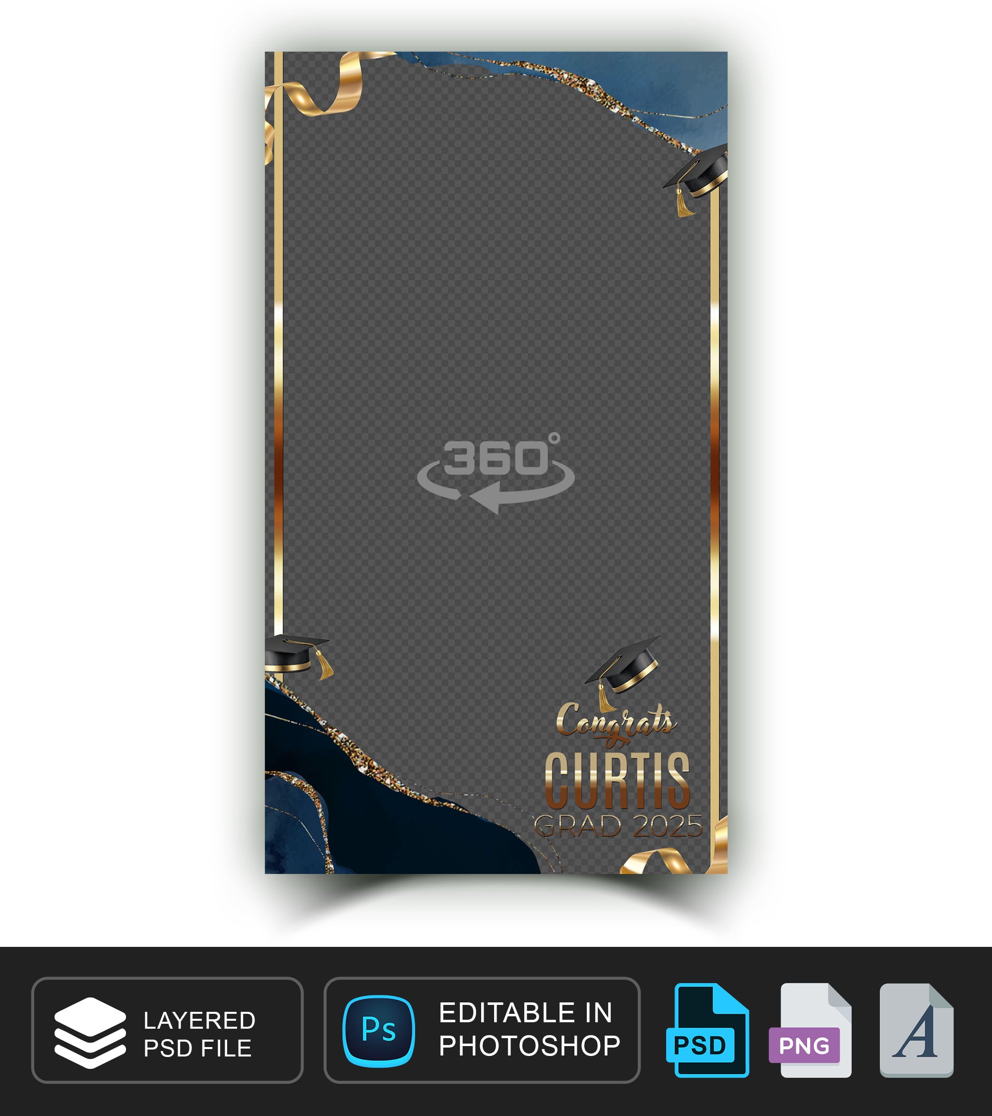360 overlay, photobooth template for Graduation Party, Gold, Blue