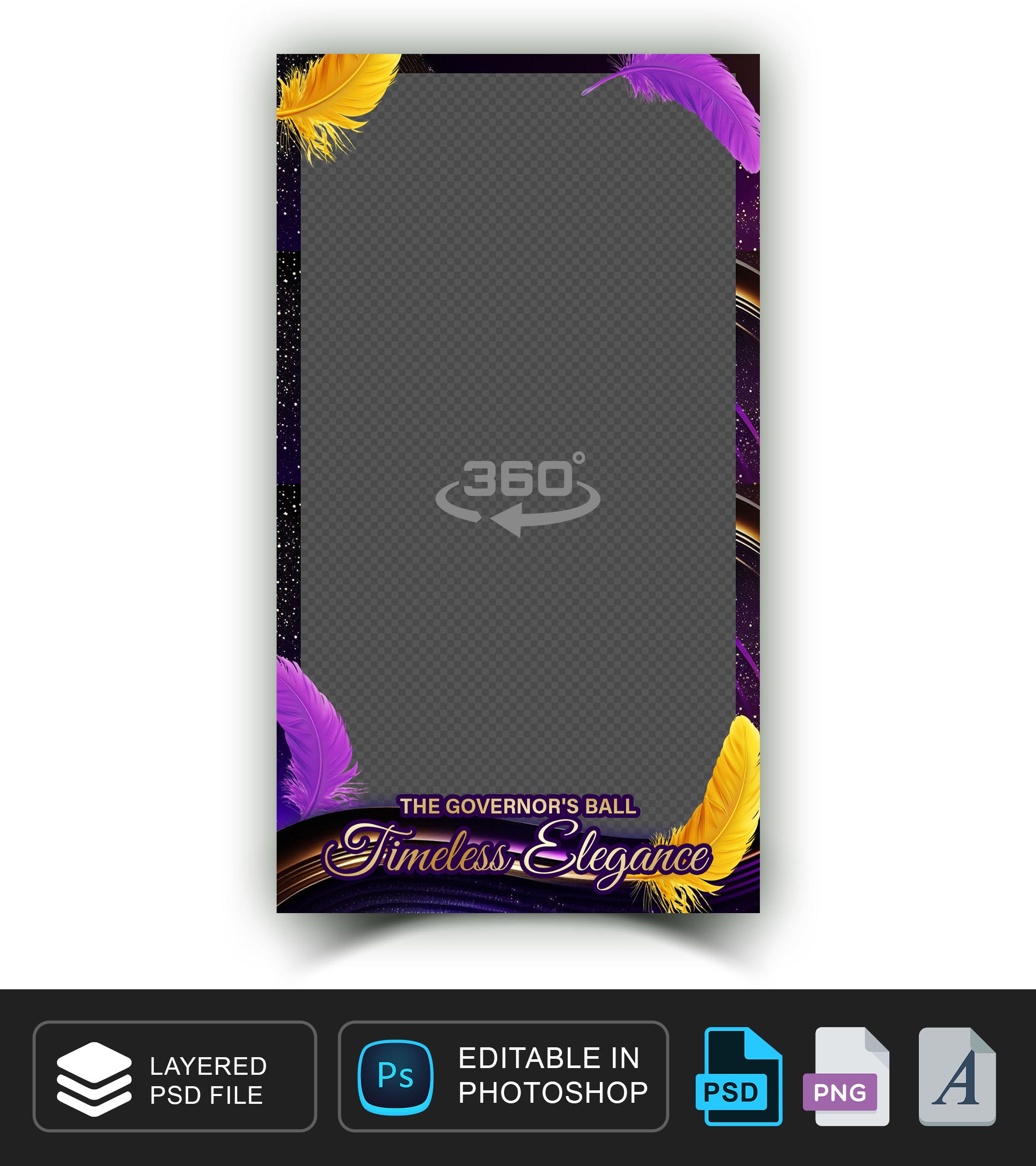 360 overlay, photobooth template for Ball Party, Feather theme, gold, purple yellow