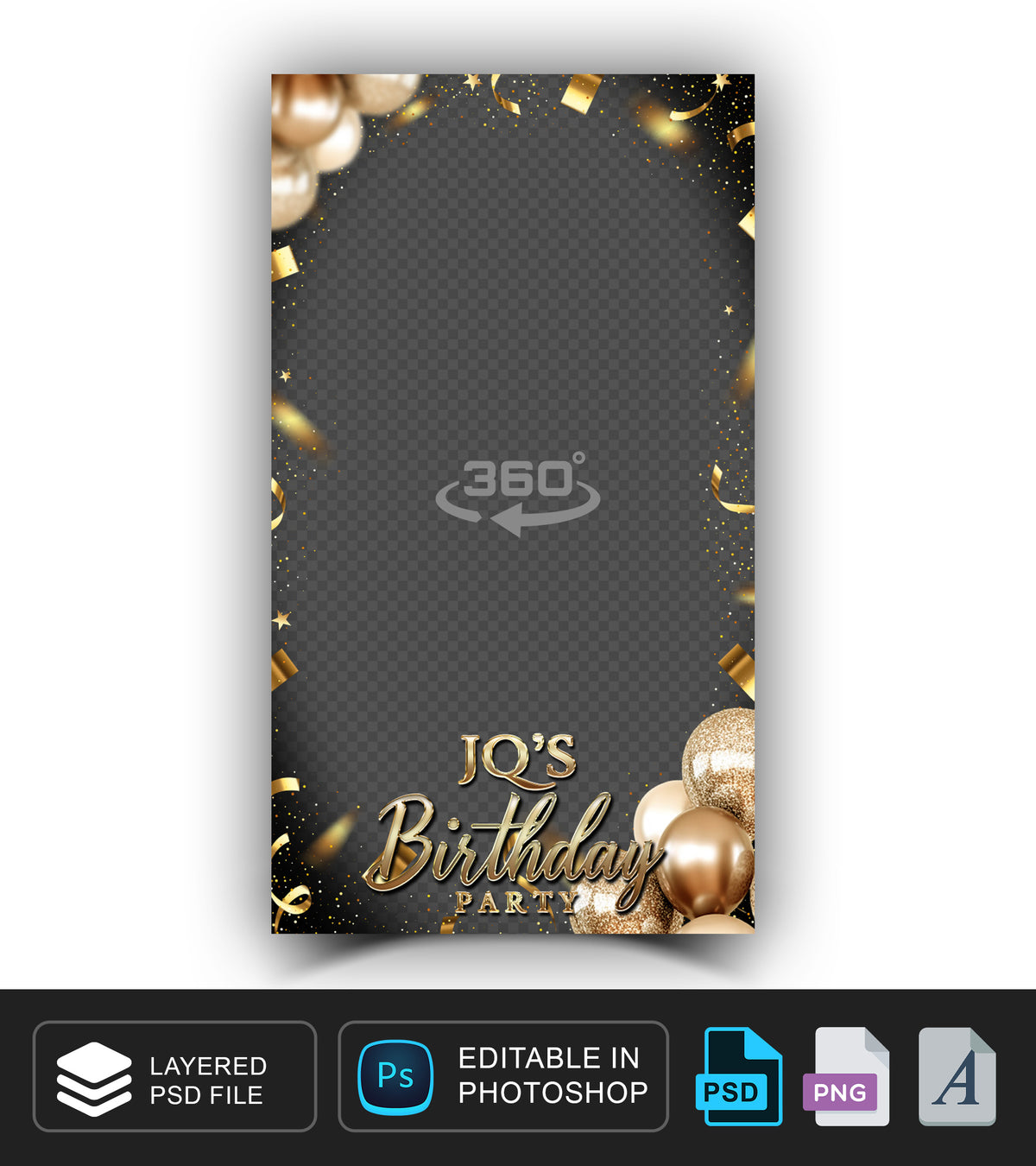 360 overlay, photobooth template for Birthday, Gold