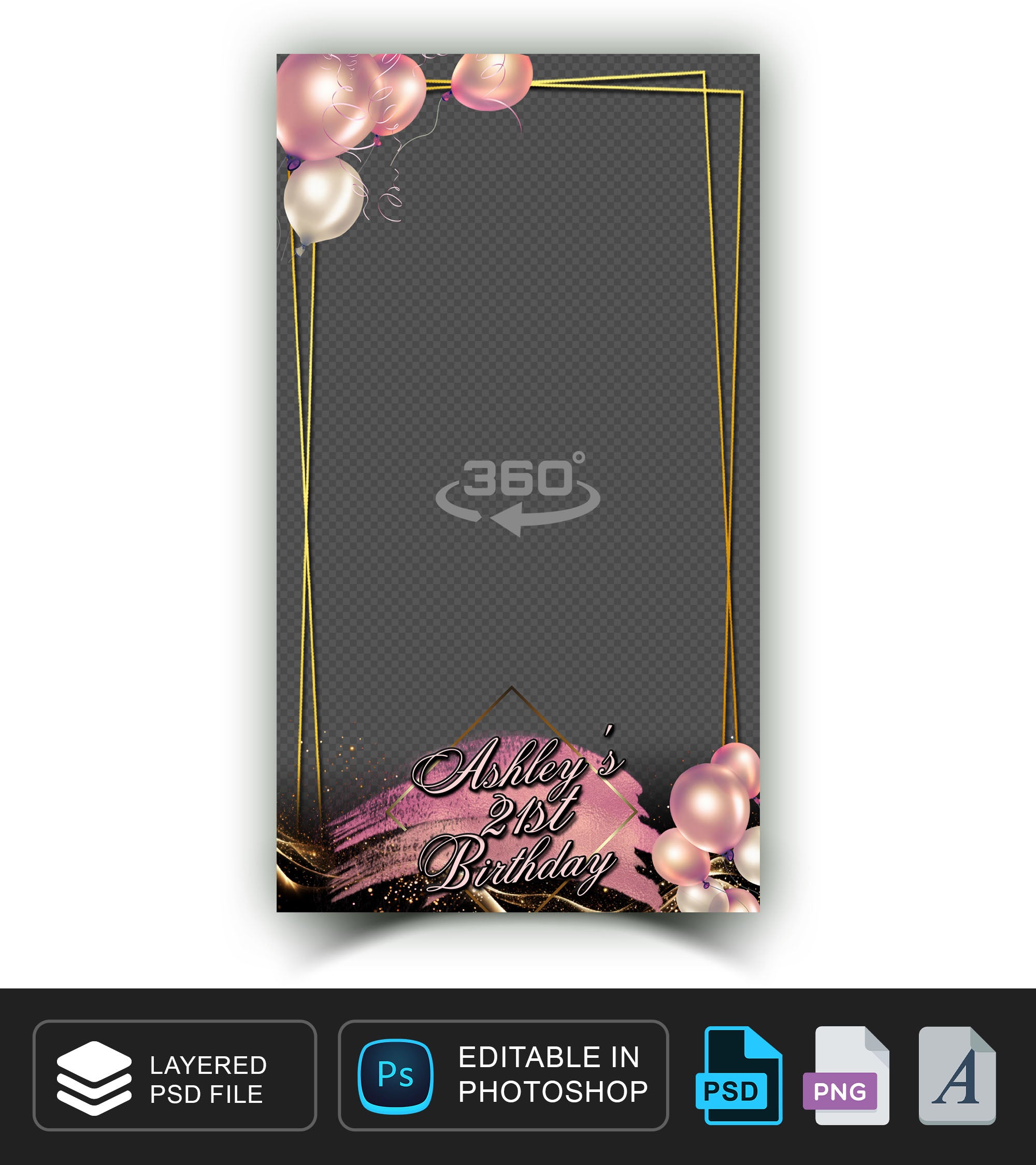 360 overlay, photobooth template for Birthday, Pink silver balloon