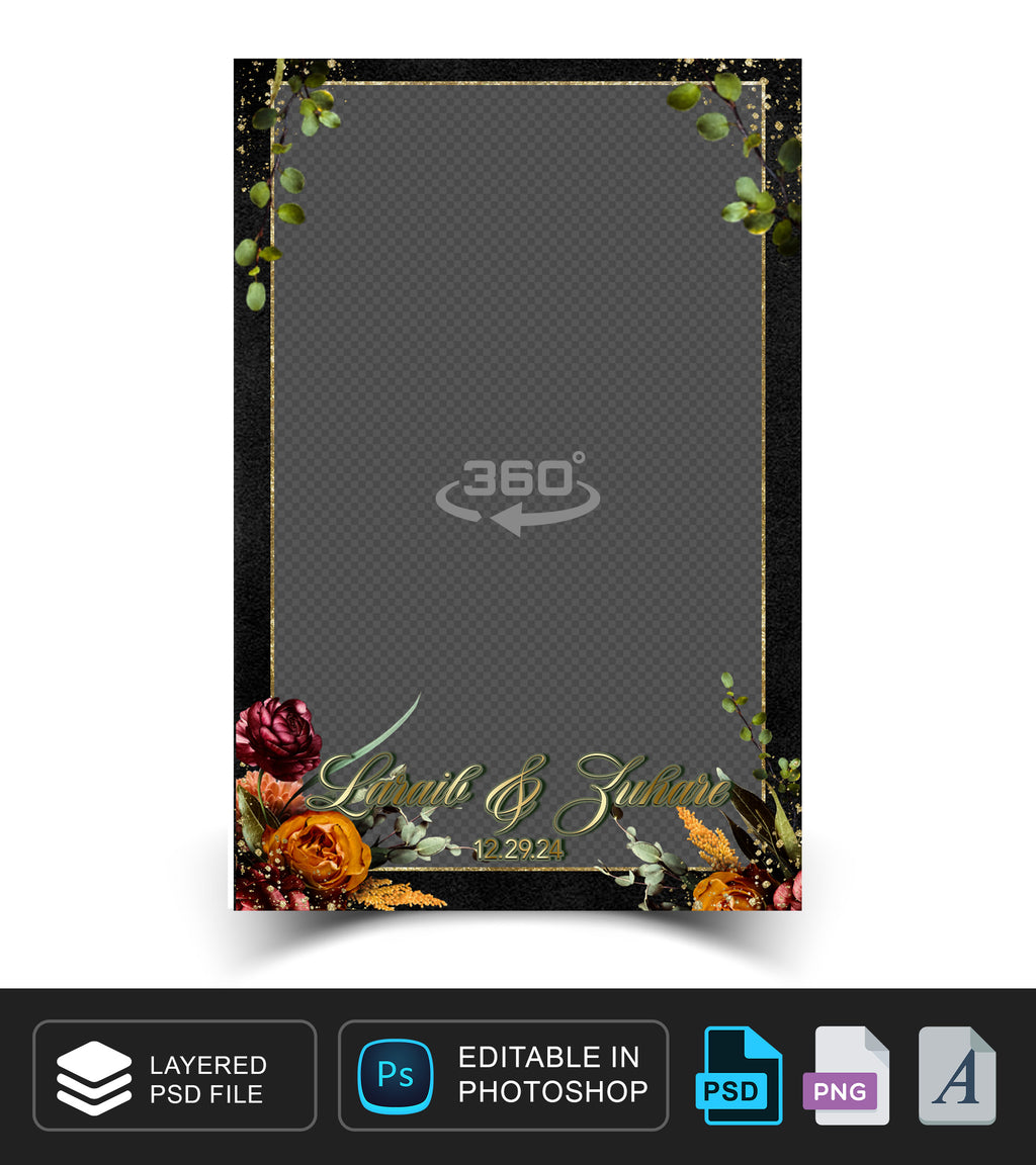360 overlay, photobooth template for Wedding, burgundy, Orange floral theme with green leaves