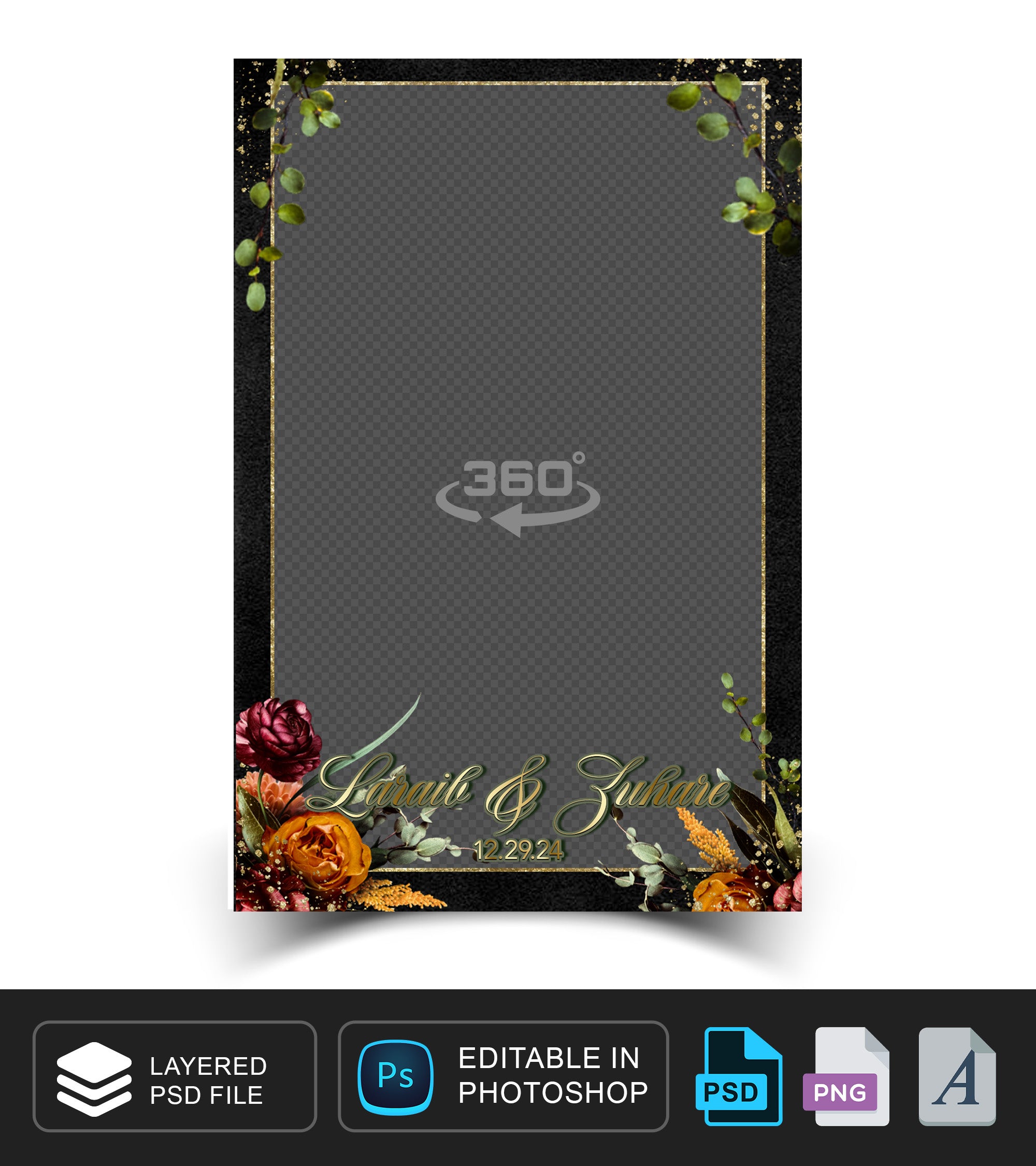 360 overlay, photobooth template for Wedding, burgundy, Orange floral theme with green leaves