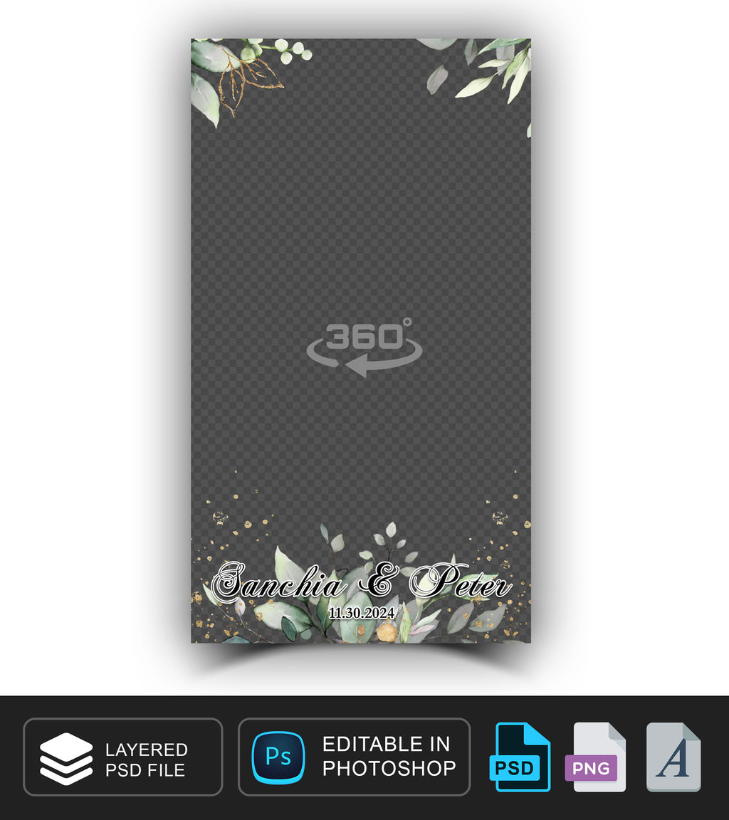 360 overlay, photobooth template for Wedding, Green, Gold theme