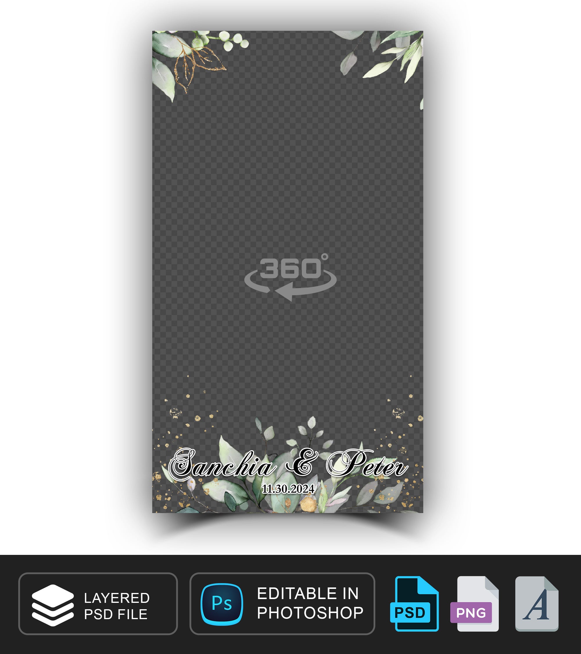 360 overlay, photobooth template for Wedding, Green, Gold theme