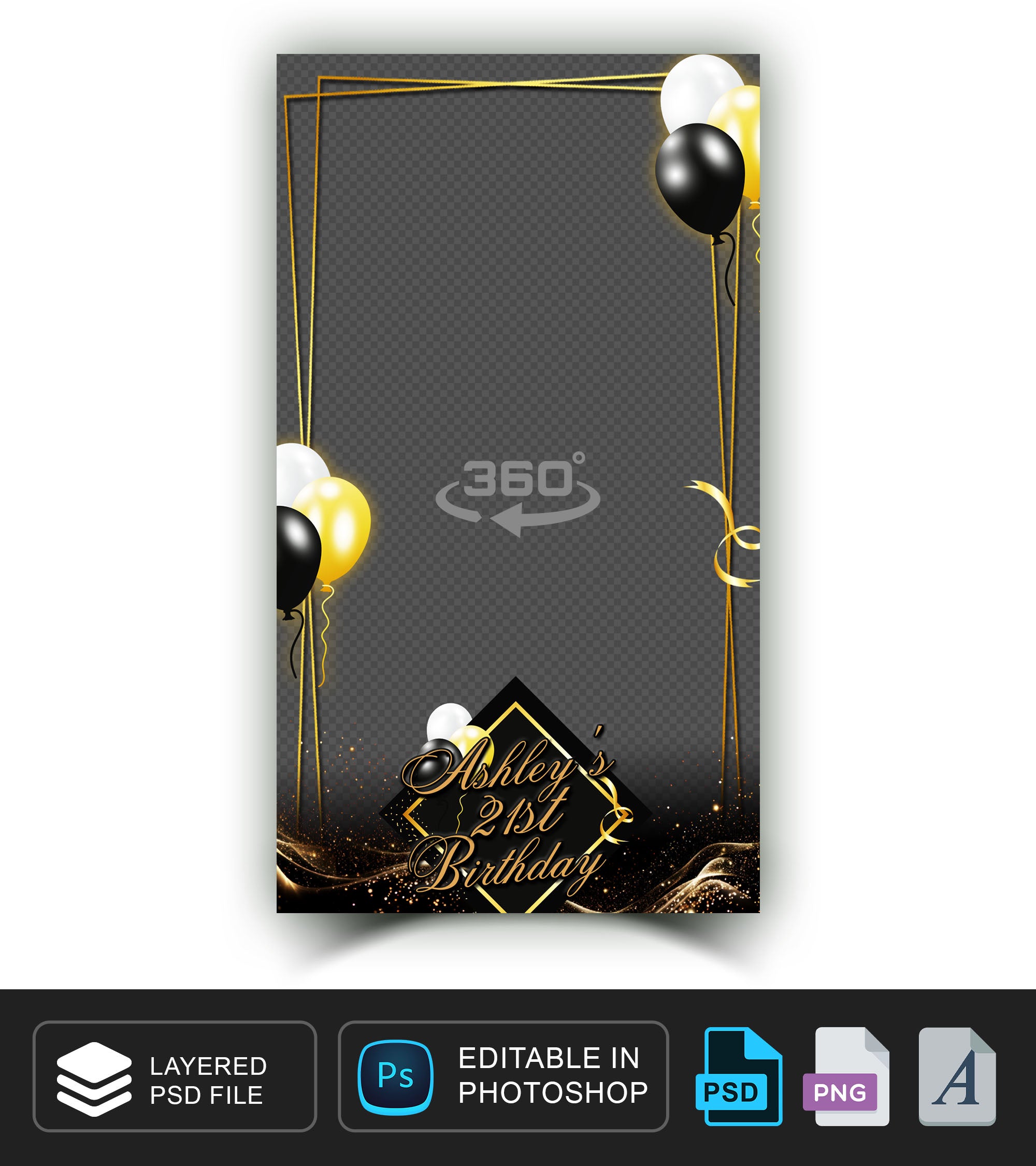 360 overlay, photobooth template for Birthday, Gold, Black balloon