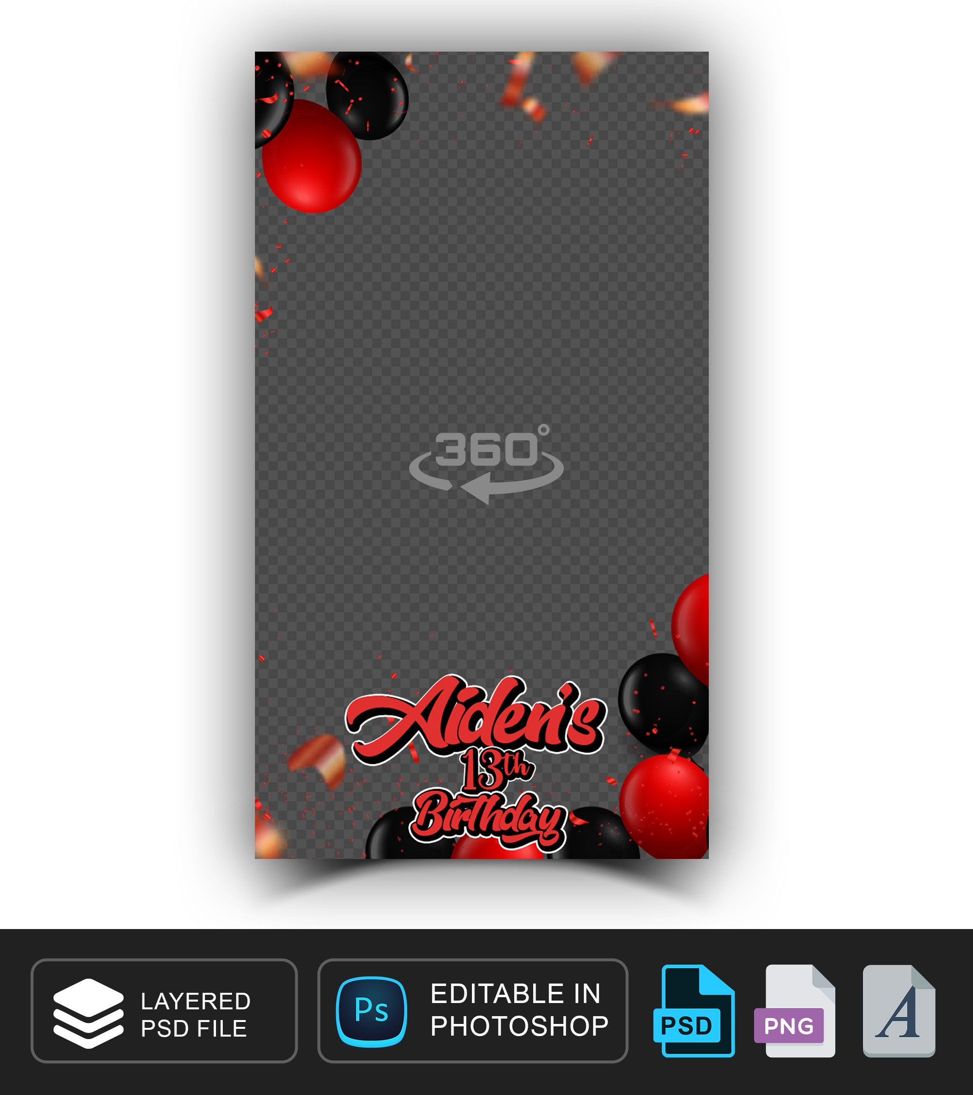 360 overlay, photobooth template for Birthday, Red, Black, White
