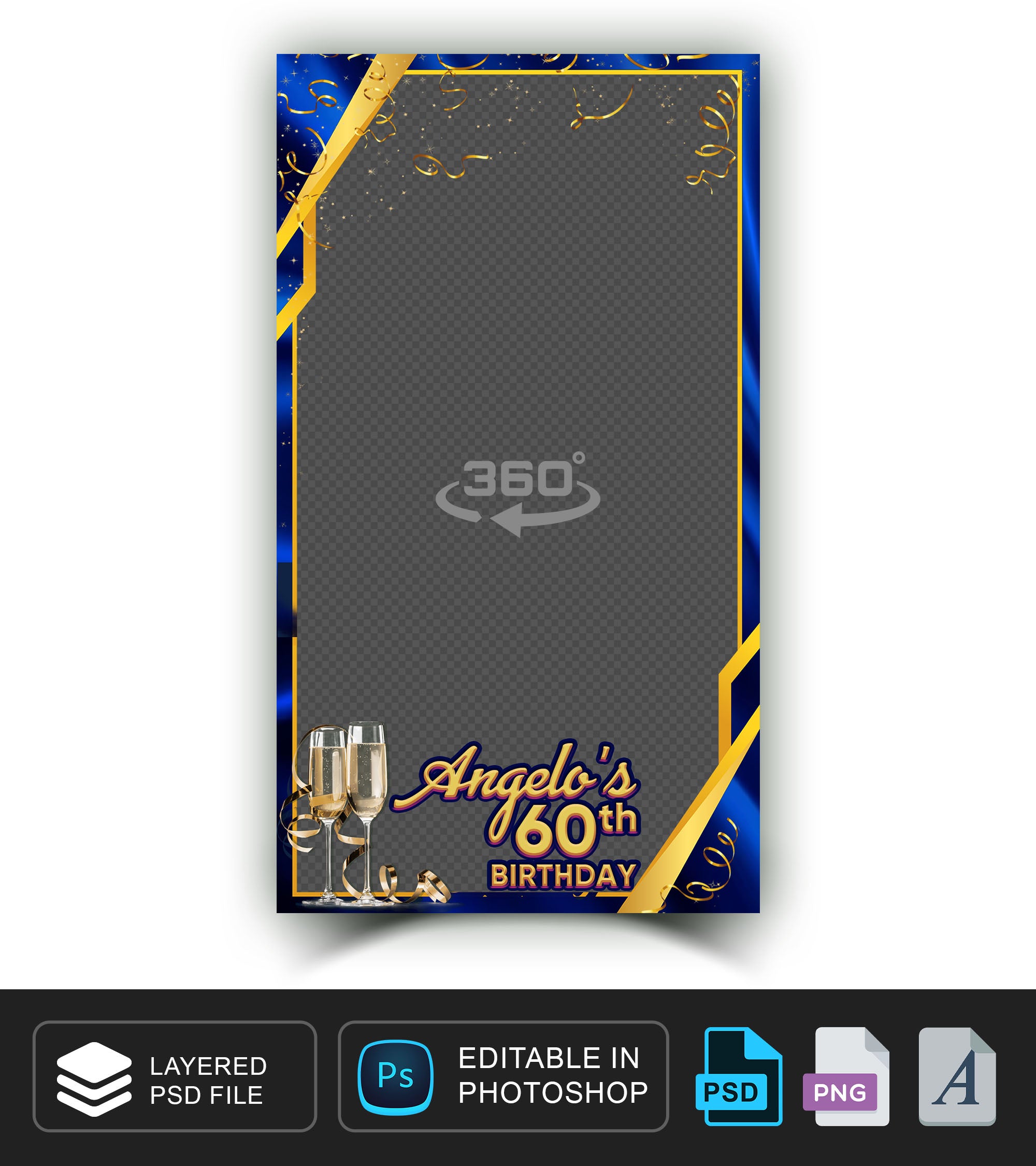 360 overlay, photobooth template for Birthday, Navy Blue and Gold