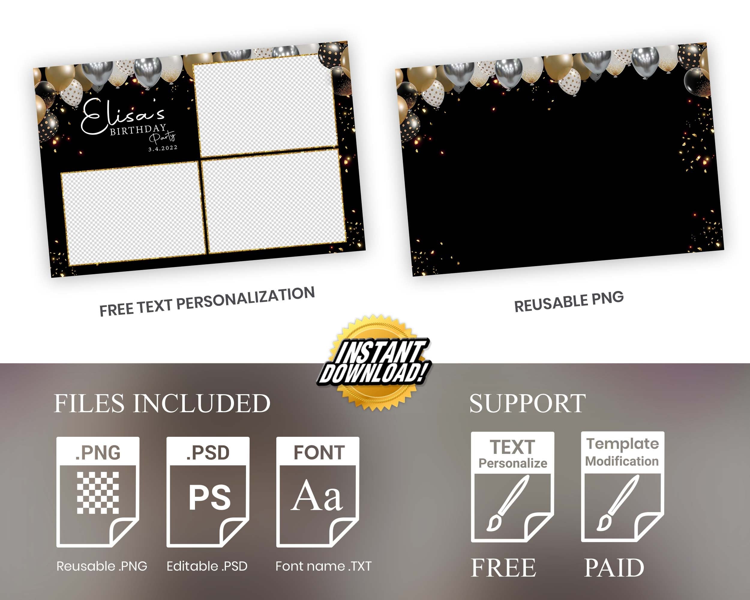 Birthday Photobooth Template Black with Gold and Silver balloons 4x6 Sweet 16 Photo Booth Template BM2