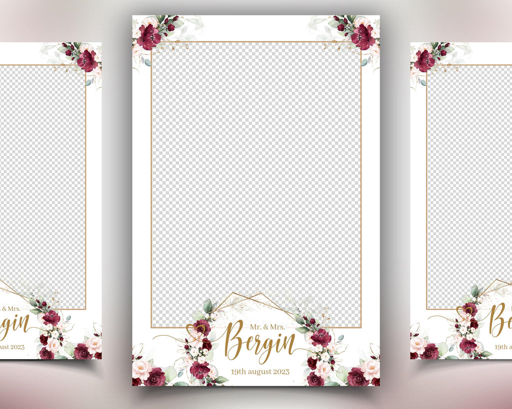 Wedding Photobooth template, Burgundy Flowers Photo Booth, Anniversary, Bridal Shower, Mirror Booth, 360 Overlay