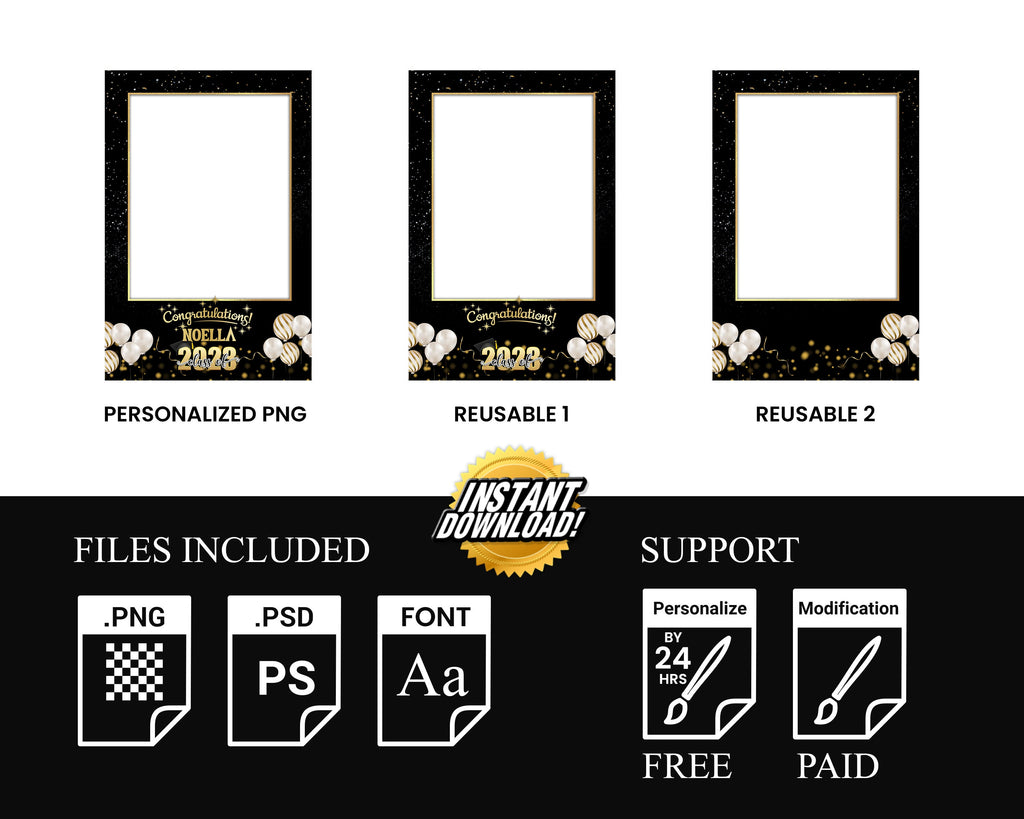 Graduation Photobooth Template, Class of Photo Booth Template, Mirror Booth, 360 Overlay, Golden Prom and Editable Template