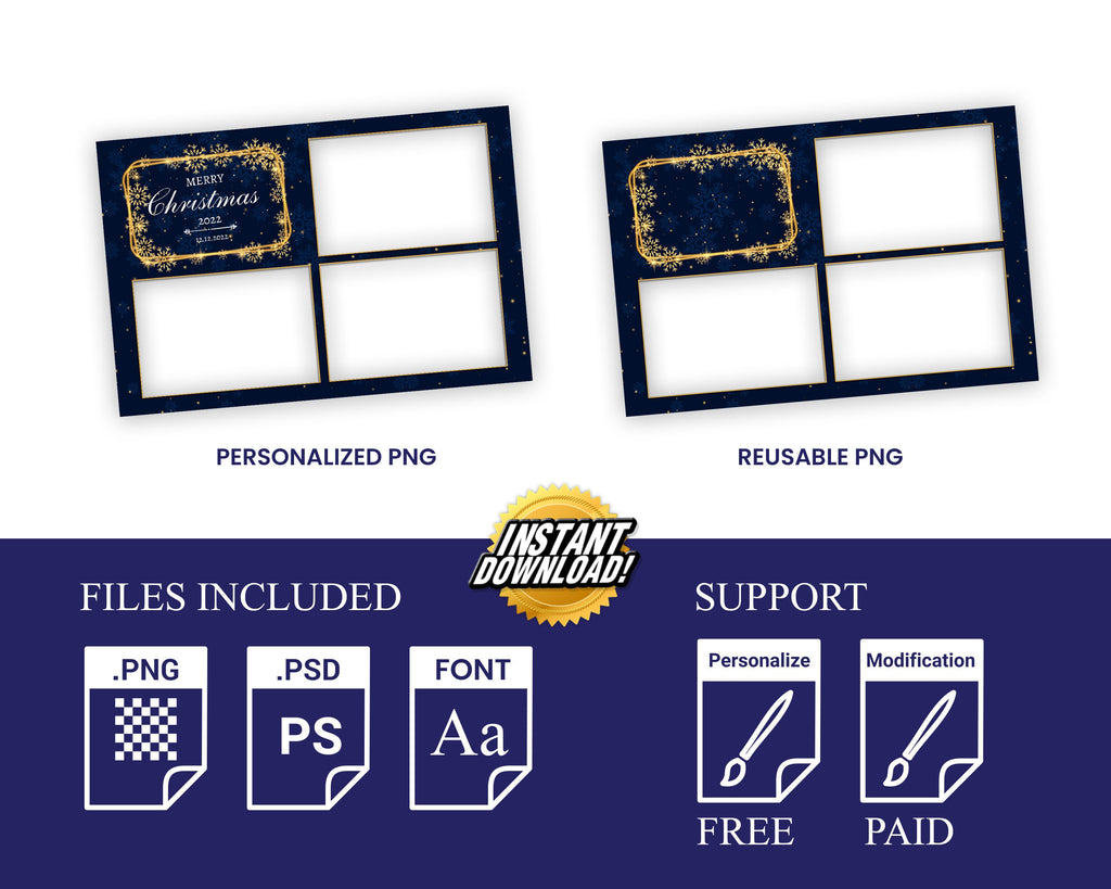 Christmas Photobooth Template Navy Blue & Gold 4x6 Landscape postcard 3 shot Photo booth Xmas Holiday Party 2023 new year eve 2024 Template