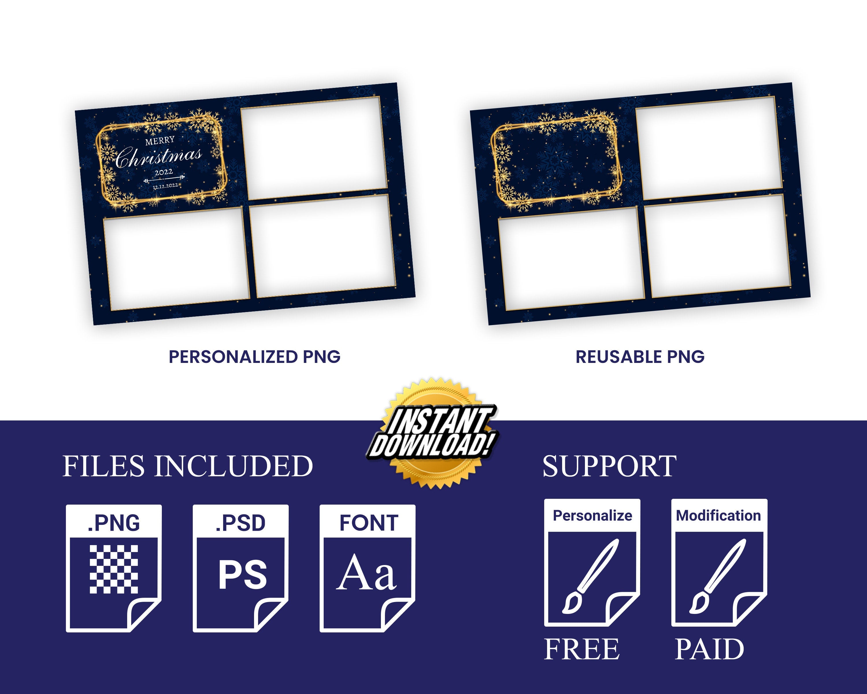 Christmas Photobooth Template Navy Blue & Gold 4x6 Landscape postcard 3 shot Photo booth Xmas Holiday Party 2023 new year eve 2024 Template