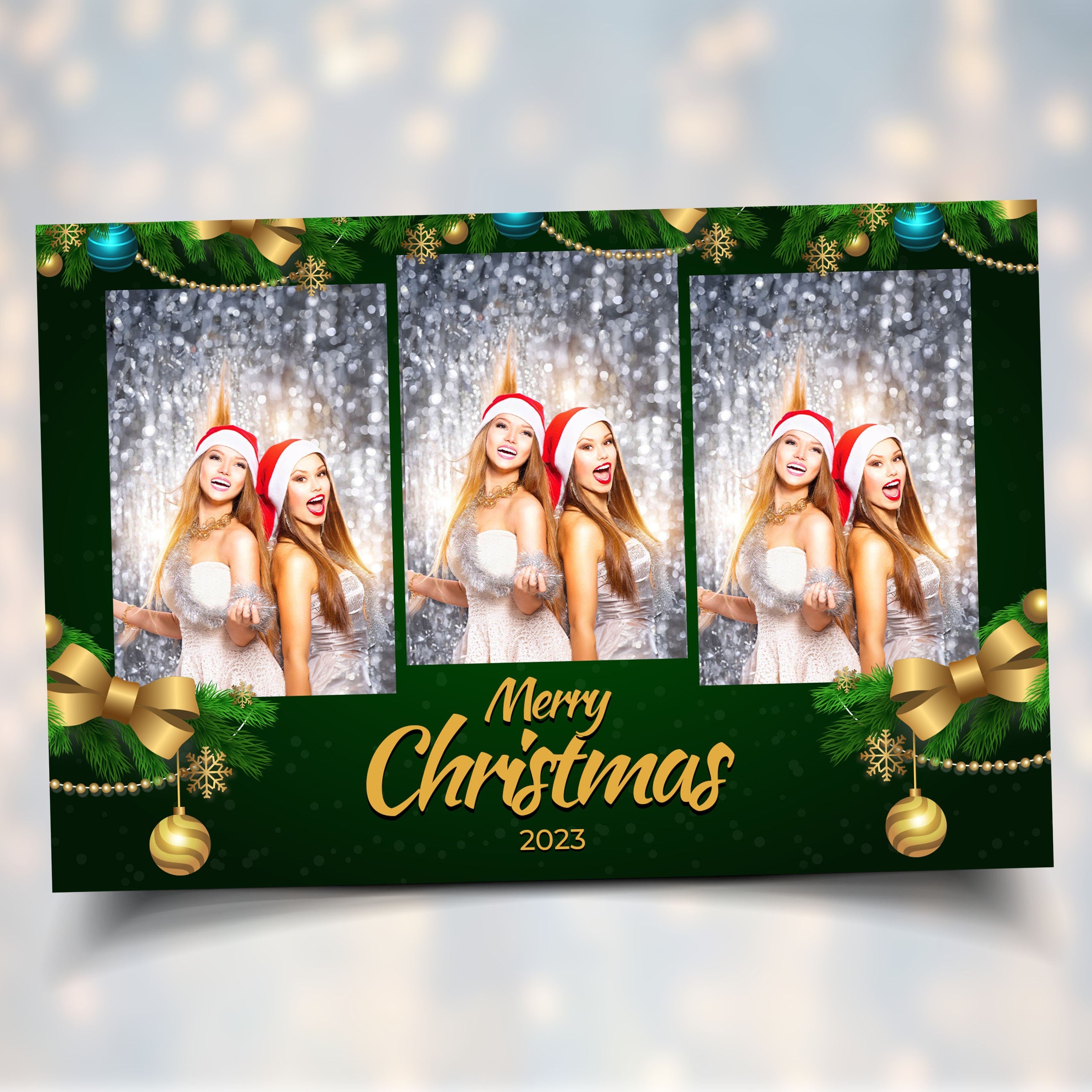 Christmas Holiday Party 2023 Photo Booth Template Green Gold xmas Party Photobooth 4x6 landscape 3 Portrait Photo mirror booth template CM5