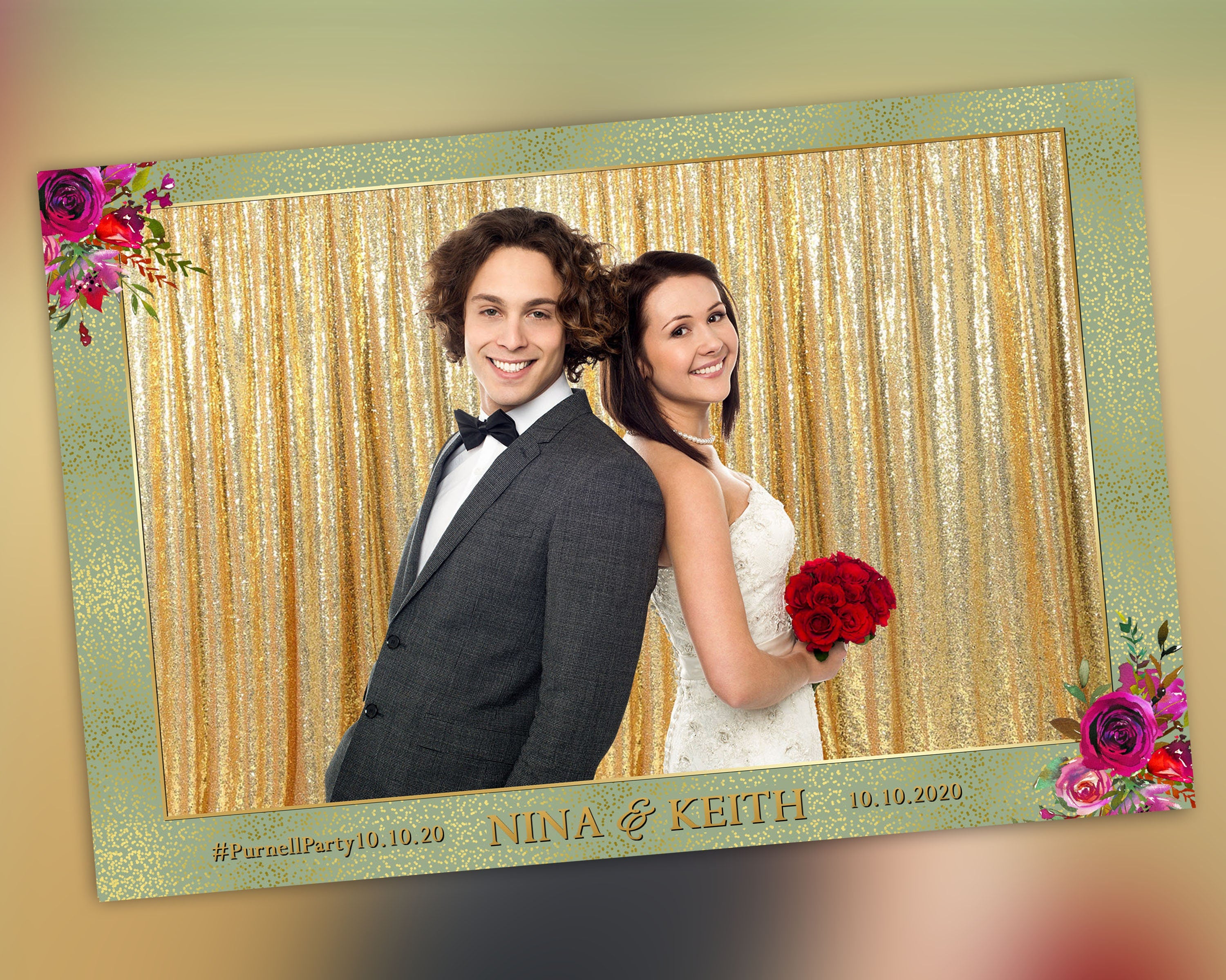Burgundy Green Photo Booth Template Wedding Anniversary Bridal Shower Photobooth 4x6 Gold Glitter