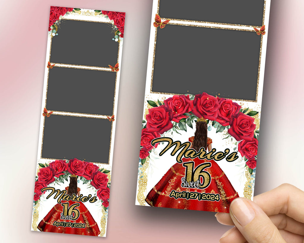 Sweet 16 Photobooth Template, Quinceanera Photo Booth, Birthday Photobooth, Quinceañera, 2x6 Strip, Red Flower, Red Floral, Butterfly 1107