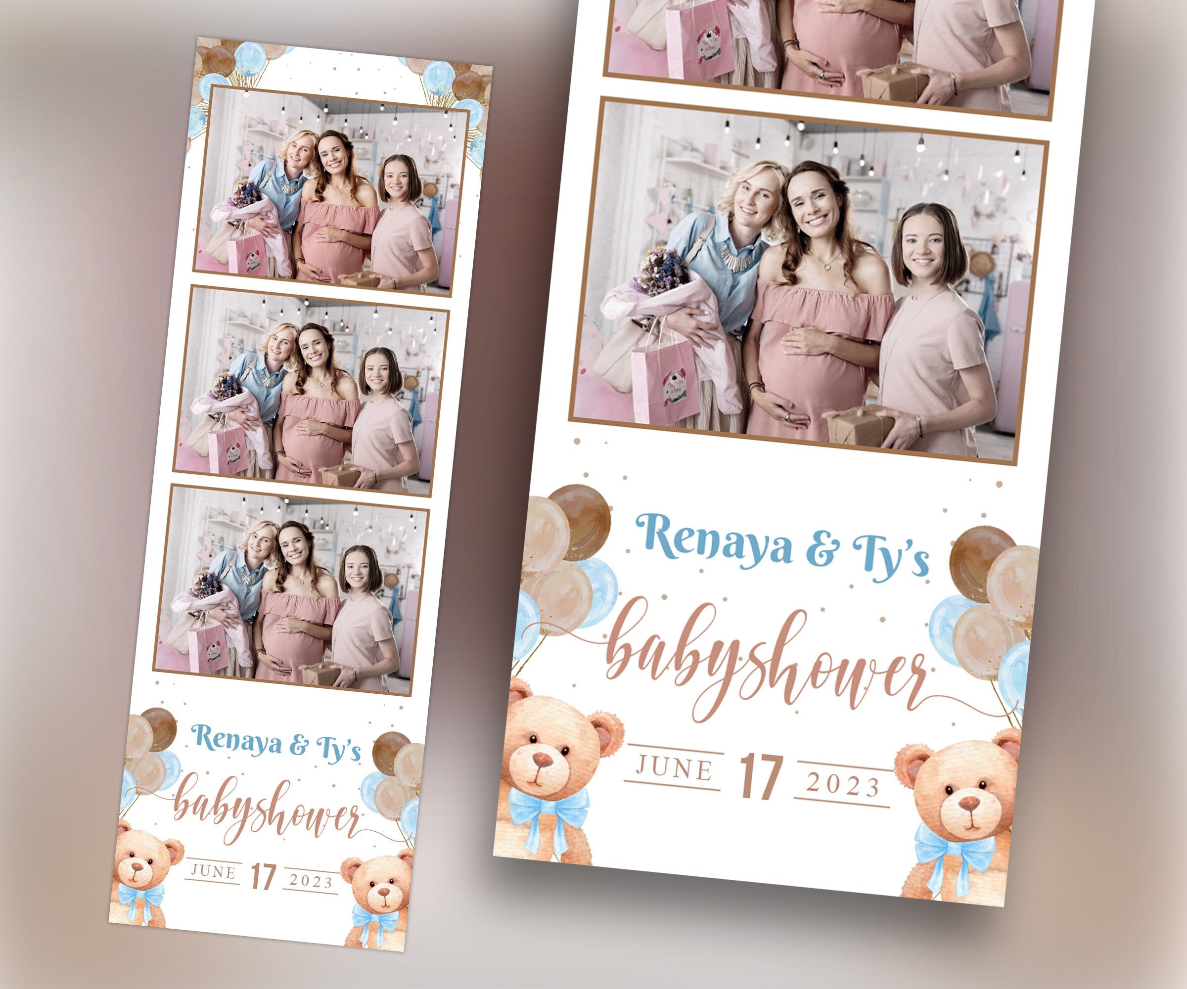 Baby Shower Photo booth Template 2x6 strip Teddy Bear Babyshower it's a boy sky blue brown tan balloon 1st birthday Photobooth Template BS1