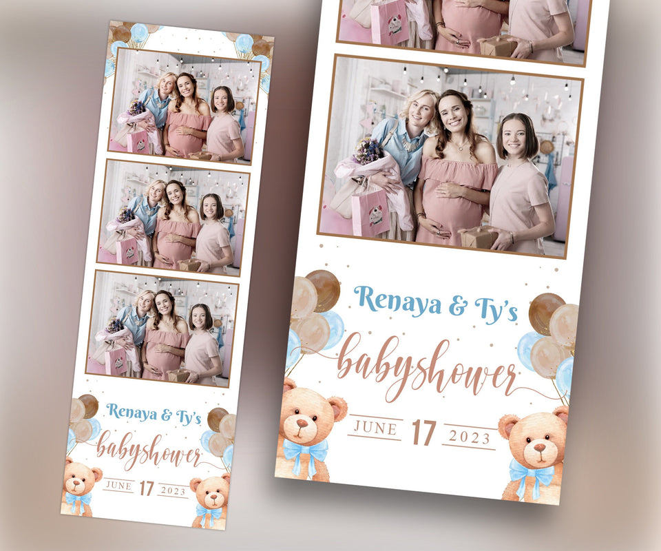 Baby Shower Photo booth Template 2x6 strip Teddy Bear Babyshower it's a boy sky blue brown tan balloon 1st birthday Photobooth Template BS1