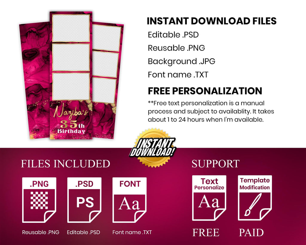 Birthday Photobooth Template, Gold Glitter, Bday Photo Booth, Gold, Pink, Red Color Birthday Party