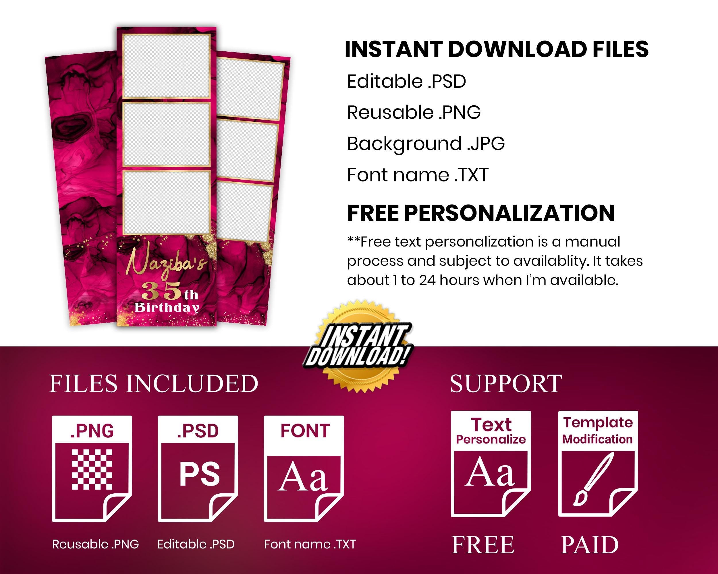Birthday Photobooth Template, Gold Glitter, Bday Photo Booth, Gold, Pink, Red Color Birthday Party