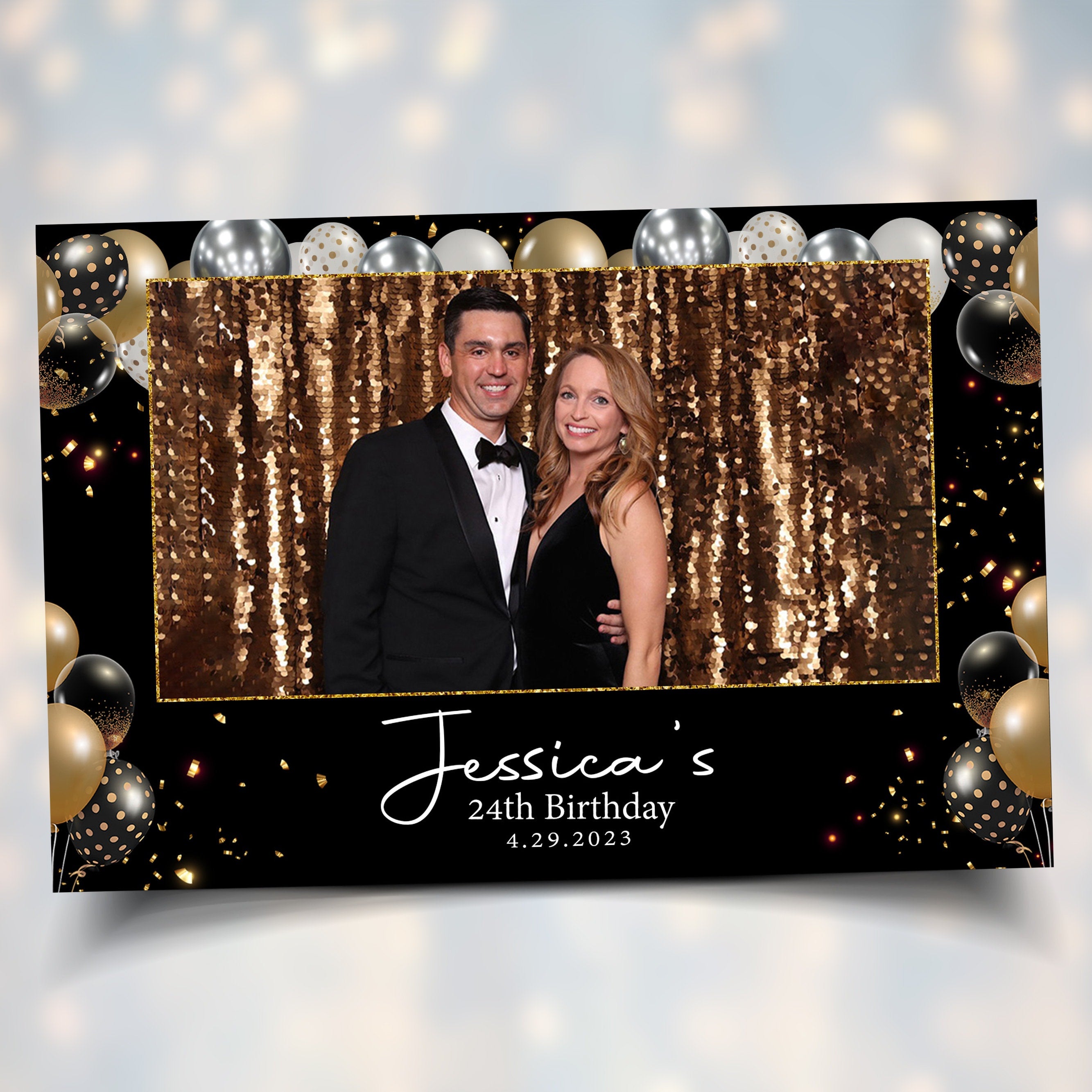 Birthday Photobooth Template Black Gold and Silver balloons 4x6 Landscape Mirror Booth single 1 photo Sweet 16 Photo Booth Template BM2