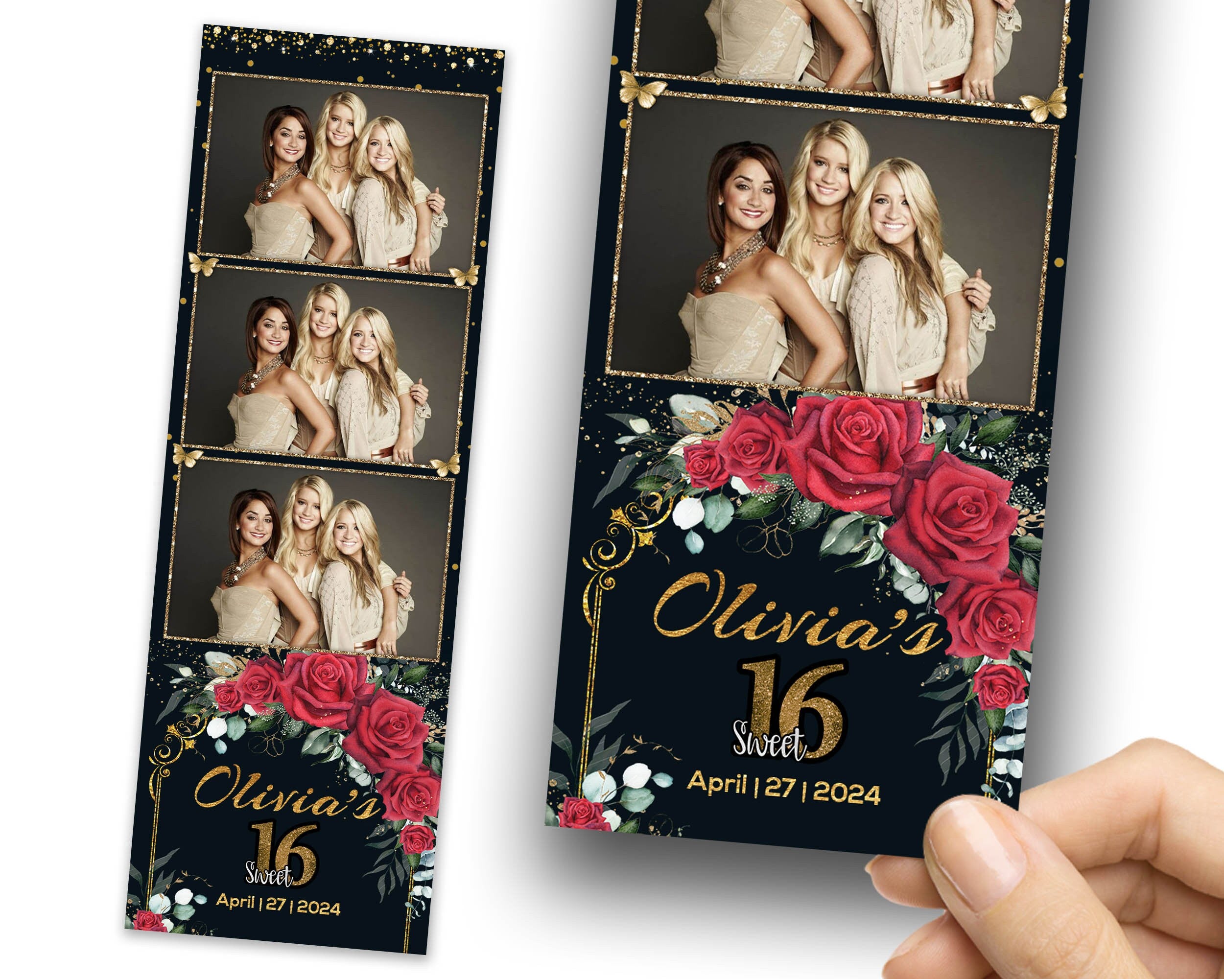 Sweet 16 Photobooth Template, Quinceanera Photo Booth, Birthday Photobooth, Quinceañera, 2x6 Strip, Red Flower, Red Floral, Butterfly 1105