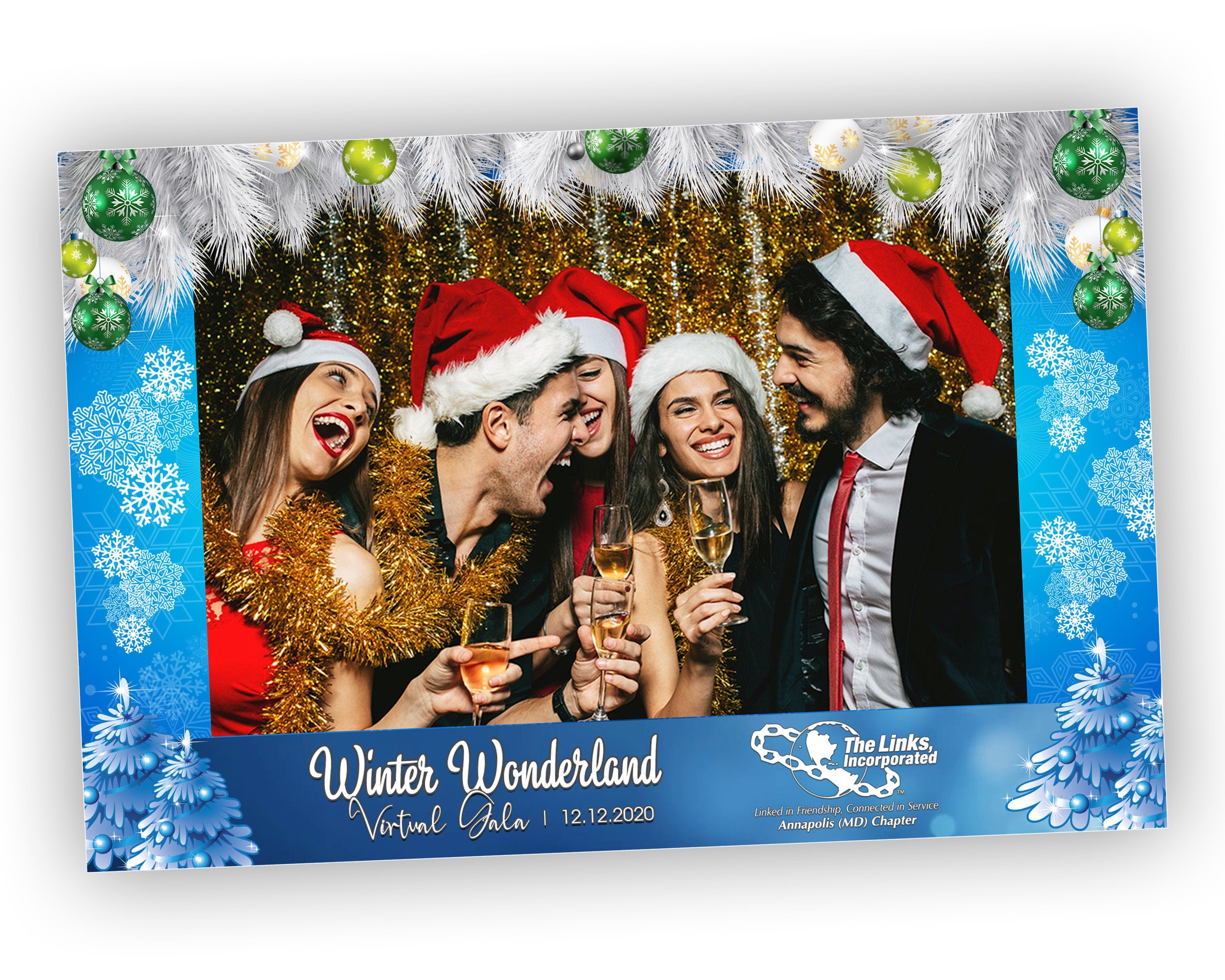 Winter Wonderland & Merry Christmas Holiday Photobooth Template, New Year 2022, 4x6 Single shot white pine tree, snow flakes,