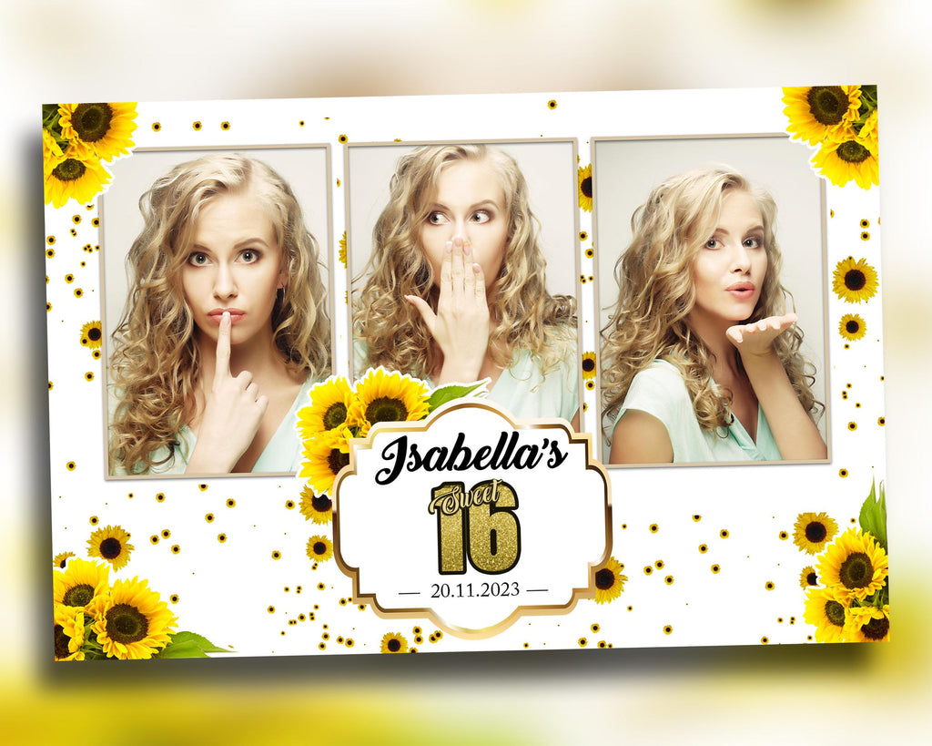 Sunflower Birthday Photobooth Template 4x6 triple shot Sweet 16 Quinceañera mirror booth template with gold glitter mis quince - BM8