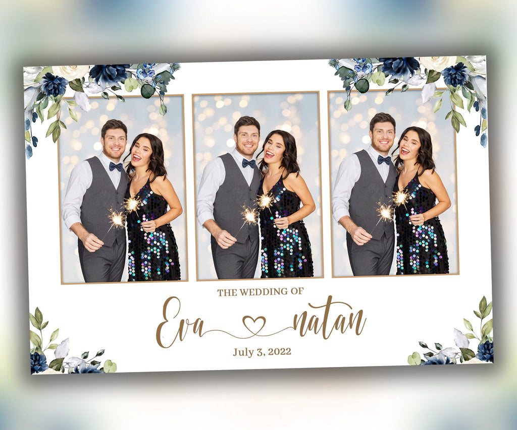 Blue Floral Wedding Bridal Shower Photobooth template 4x6 3 photo Layout 6 with Floral Blue flowers rose and greenery photo booth template