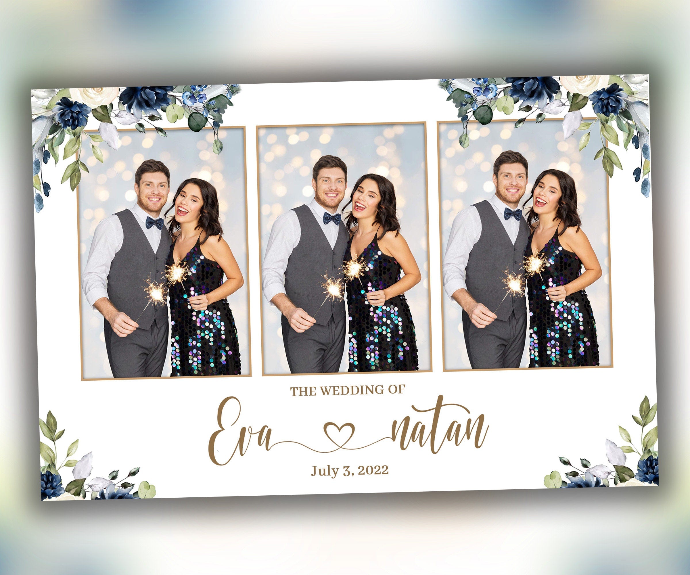 Blue Floral Wedding Bridal Shower Photobooth template 4x6 3 photo Layout 6 with Floral Blue flowers rose and greenery photo booth template