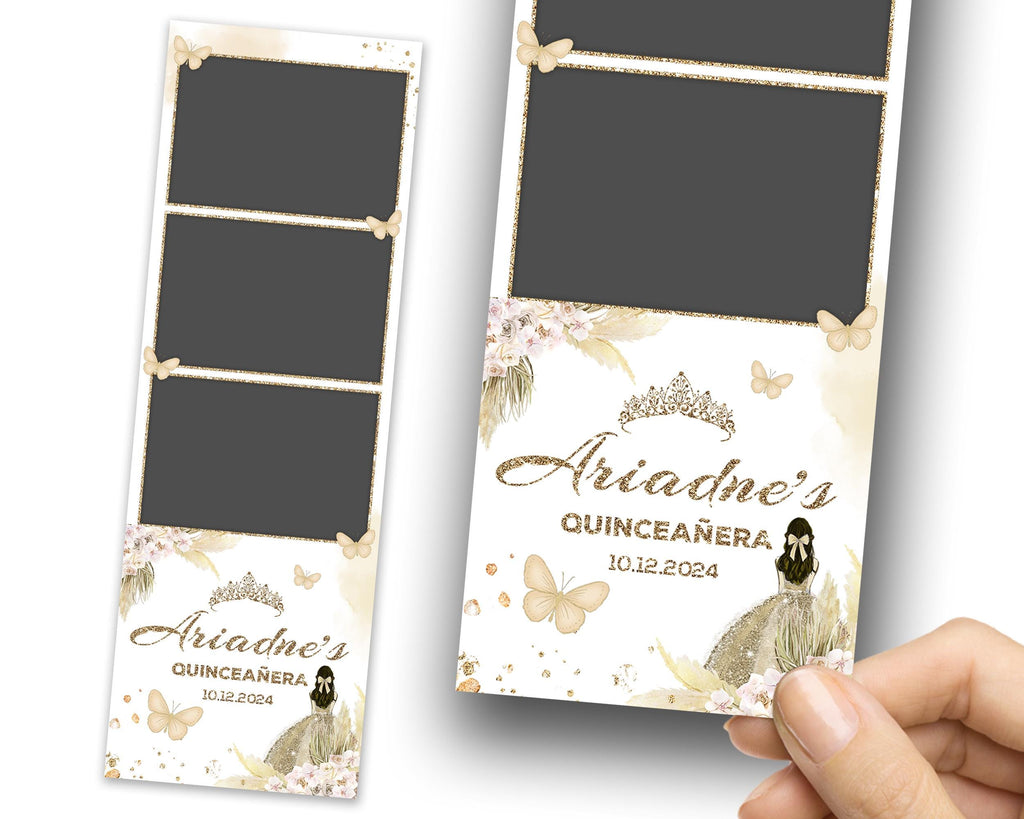 Birthday Sweet Sixteen Photobooth Template in gold Sweet 16, Quinceanera Photo Booth 2x6 strip 3 photo layout Mis Quince XV Birthday 1357