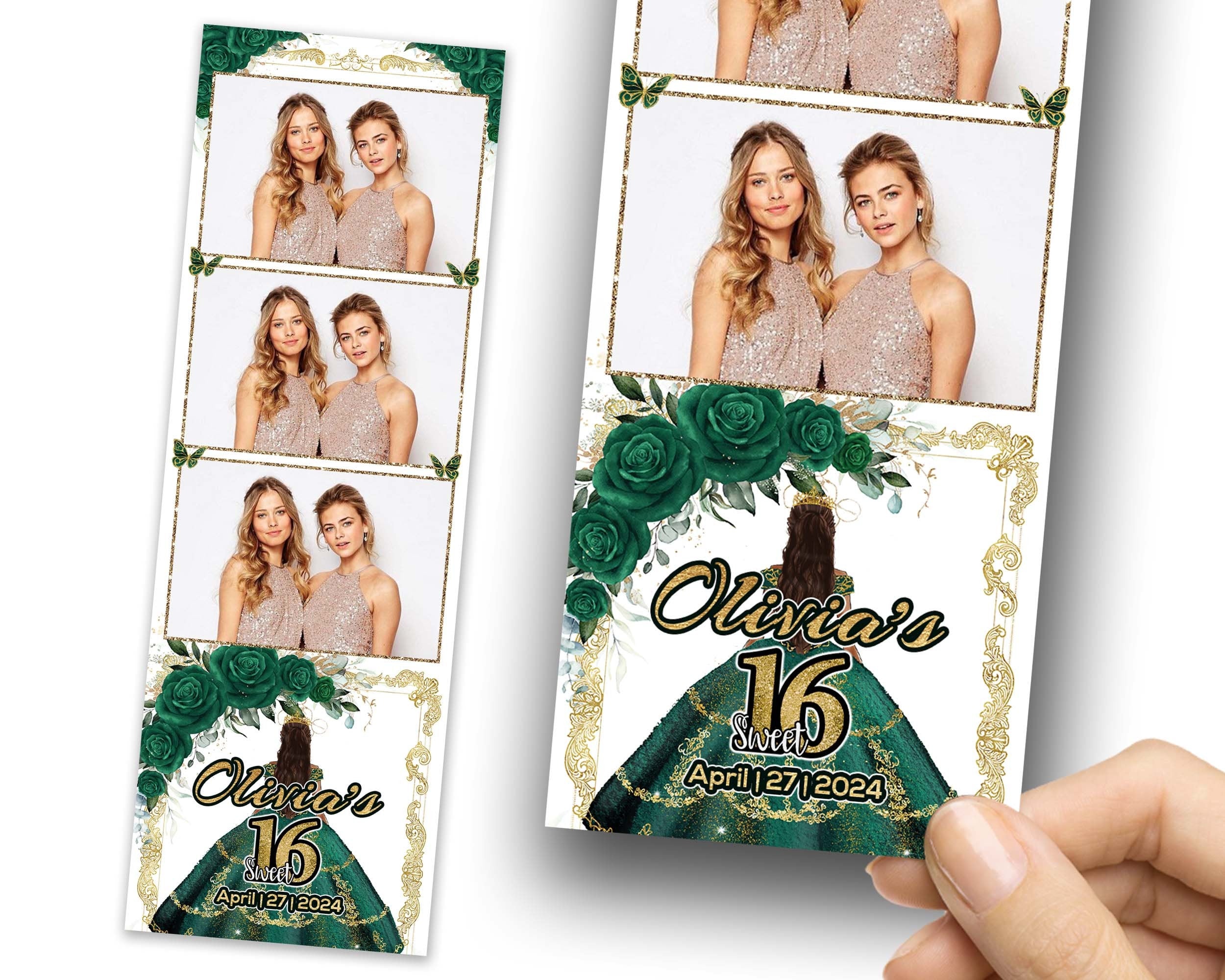 Sweet 16 Photobooth Template, Quinceanera Photo Booth, Birthday Photobooth, Quinceañera, 2x6 Strip, Red Flower, Butterfly, Green 1106