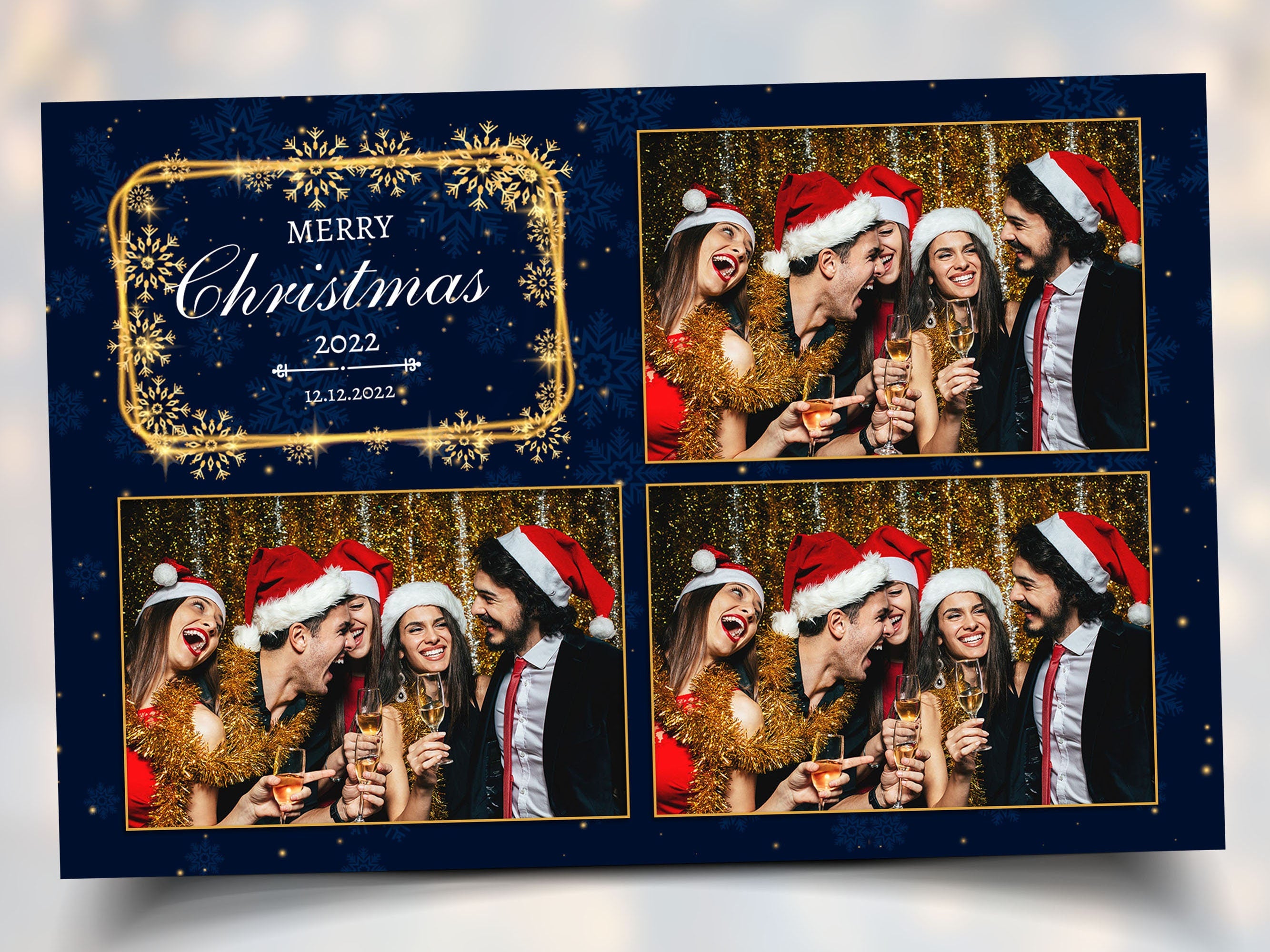 Christmas Photobooth Template Navy Blue & Gold 4x6 Landscape postcard 3 shot Photo booth Xmas Holiday Party 2023 new year eve 2024 Template