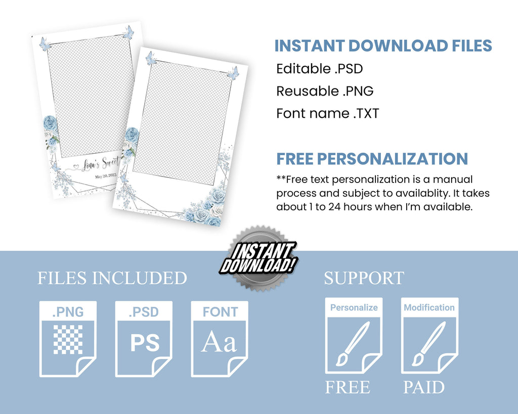 Birthday Butterfly Floral Quinceañera Sweet 16 Photo Booth template 4x6 Mirror Booth Sixteen Flower Blue Silver Photobooth Template